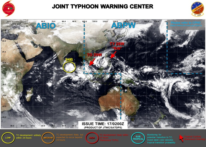 JTWC IS ISSUING 6HOURLY WARNINGS ON 28W(RAI). WARNING 2/FINAL WAS ISSUED AT 17/03UTC ON 29W. 3HOURLY SATELLITE BULLETINS ARE ISSUED ON BOTH SYSTEMS. JTWC IS ISSUING 6HOURLY WARNINGS ON 28W(RAI). WARNING 2/FINAL WAS ISSUED AT 17/03UTC ON 29W. 3HOURLY SATELLITE BULLETINS ARE ISSUED ON BOTH SYSTEMS.