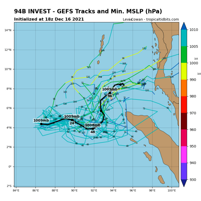 AN AREA OF CONVECTION (INVEST 94B) HAS PERSISTED NEAR 4.4N 87.4E, APPROXIMATELY 875 KM EAST-SOUTHEAST OF COLOMBO, SRI LANKA. ANIMATED ENHANCED INFRARED IMAGERY AND A 152232Z SSMIS 91GHZ IMAGE DEPICT FLARING CONVECTION IN THE NORTH-NORTHEASTERN PERIPHERY WRAPPING INTO THE LOW LEVEL CIRCULATION (LLC). ENVIRONMENTAL ANALYSIS INDICATES A MARGINAL ENVIRONMENT WITH FAIR POLEWARD OUTFLOW AND WARM (28-29C) SEA SURFACE TEMPERATURES OFFSET BY MODERATE (15- 20KT) VERTICAL WIND SHEAR. GLOBAL MODELS ARE IN AGREEMENT THAT INVEST 94B WILL INTENSIFY AND TRACK EASTWARD TOWARD MYANMAR WITHIN THE NEXT 48-72HRS. MAXIMUM SUSTAINED SURFACE WINDS ARE ESTIMATED AT 10 TO 15 KNOTS. MINIMUM SEA LEVEL PRESSURE IS ESTIMATED TO BE NEAR 1009 MB. THE POTENTIAL FOR THE DEVELOPMENT OF A SIGNIFICANT TROPICAL CYCLONE WITHIN THE NEXT 24 HOURS IS UPGRADED TO LOW. AN AREA OF CONVECTION (INVEST 94B) HAS PERSISTED NEAR 4.4N 87.4E, APPROXIMATELY 875 KM EAST-SOUTHEAST OF COLOMBO, SRI LANKA. ANIMATED ENHANCED INFRARED IMAGERY AND A 152232Z SSMIS 91GHZ IMAGE DEPICT FLARING CONVECTION IN THE NORTH-NORTHEASTERN PERIPHERY WRAPPING INTO THE LOW LEVEL CIRCULATION (LLC). ENVIRONMENTAL ANALYSIS INDICATES A MARGINAL ENVIRONMENT WITH FAIR POLEWARD OUTFLOW AND WARM (28-29C) SEA SURFACE TEMPERATURES OFFSET BY MODERATE (15- 20KT) VERTICAL WIND SHEAR. GLOBAL MODELS ARE IN AGREEMENT THAT INVEST 94B WILL INTENSIFY AND TRACK EASTWARD TOWARD MYANMAR WITHIN THE NEXT 48-72HRS. MAXIMUM SUSTAINED SURFACE WINDS ARE ESTIMATED AT 10 TO 15 KNOTS. MINIMUM SEA LEVEL PRESSURE IS ESTIMATED TO BE NEAR 1009 MB. THE POTENTIAL FOR THE DEVELOPMENT OF A SIGNIFICANT TROPICAL CYCLONE WITHIN THE NEXT 24 HOURS IS UPGRADED TO LOW.