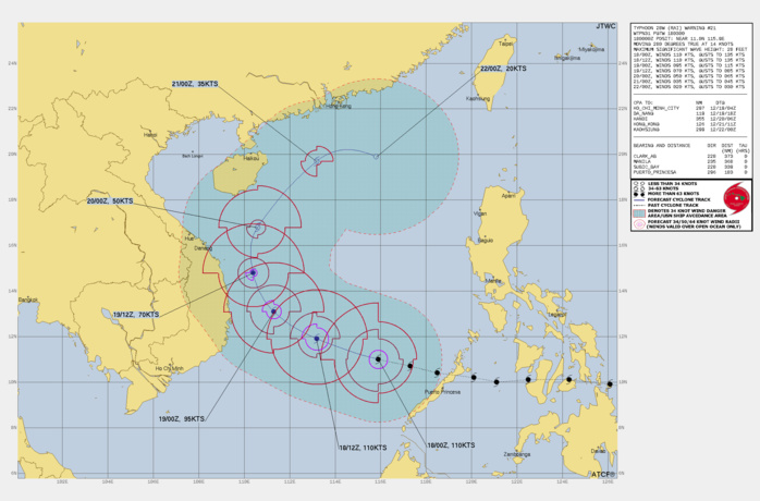 FORECAST REASONING. SIGNIFICANT FORECAST CHANGES: THERE ARE NO SIGNIFICANT CHANGES TO THE FORECAST FROM THE PREVIOUS WARNING. FORECAST DISCUSSION: TY RAI IS EXPECTED TO INCREASE IN SURFACE SPEED AS IT APPROACHES THE SUBTROPICAL RIGE AXIS (STR) OVER THE NEXT 24 HOURS. AS IT DOES, THE SYSTEM WILL CONTINUE TO BE IN A FAVORABLE ENVIRONMENT AND WILL MAINTAIN ITS MAX INTENSITY OF 110 KTS/CAT 3. AFTER 24H, TY RAI WILL CROSS THE 25C ISOTHERM AND WILL REMAIN OVER RELATIVELY COOLER WATERS FOR THE REMAINDER OF THE FORECAST PERIOD. BY 36H, TY 28W WILL MAKE ITS TURN NORTHWARD AS IT ROUNDS THE RIDGE AXIS AND WILL ALSO BEGIN TO APPROACH A BROAD AREA OF INCREASED VWS THAT WILL ONLY INCREASE IN SHEAR OVER THE DURATION OF THE FORECAST PERIOD. BY 48H, TY RAI WILL MAKES ITS TURN NORTHEASTWARD TO THE OPEN WATERS OF THE NORTHERN SOUTH CHINA SEA AND WILL BEGIN TO LOSE ITS MOISTURE AS DRIER AIR FROM THE WEST BEGINS TO GET WRAPPED INTO THE CENTER THROUGH THE SOUTHERN PERIPHERY. AT THIS TIME, THE SYSTEM WILL FALL UNDER THE INFLUENCE OF STRONG WESTERLIES AND BEGIN DISSIPATION. TY RAI IS FORECAST TO BE COMPLETELY DISSIPATED BY 96H, WITH THE POSSIBILITY OF DISSIPATION OCCURRING SOONER. FORECAST REASONING. SIGNIFICANT FORECAST CHANGES: THERE ARE NO SIGNIFICANT CHANGES TO THE FORECAST FROM THE PREVIOUS WARNING. FORECAST DISCUSSION: TY RAI IS EXPECTED TO INCREASE IN SURFACE SPEED AS IT APPROACHES THE SUBTROPICAL RIGE AXIS (STR) OVER THE NEXT 24 HOURS. AS IT DOES, THE SYSTEM WILL CONTINUE TO BE IN A FAVORABLE ENVIRONMENT AND WILL MAINTAIN ITS MAX INTENSITY OF 110 KTS/CAT 3. AFTER 24H, TY RAI WILL CROSS THE 25C ISOTHERM AND WILL REMAIN OVER RELATIVELY COOLER WATERS FOR THE REMAINDER OF THE FORECAST PERIOD. BY 36H, TY 28W WILL MAKE ITS TURN NORTHWARD AS IT ROUNDS THE RIDGE AXIS AND WILL ALSO BEGIN TO APPROACH A BROAD AREA OF INCREASED VWS THAT WILL ONLY INCREASE IN SHEAR OVER THE DURATION OF THE FORECAST PERIOD. BY 48H, TY RAI WILL MAKES ITS TURN NORTHEASTWARD TO THE OPEN WATERS OF THE NORTHERN SOUTH CHINA SEA AND WILL BEGIN TO LOSE ITS MOISTURE AS DRIER AIR FROM THE WEST BEGINS TO GET WRAPPED INTO THE CENTER THROUGH THE SOUTHERN PERIPHERY. AT THIS TIME, THE SYSTEM WILL FALL UNDER THE INFLUENCE OF STRONG WESTERLIES AND BEGIN DISSIPATION. TY RAI IS FORECAST TO BE COMPLETELY DISSIPATED BY 96H, WITH THE POSSIBILITY OF DISSIPATION OCCURRING SOONER.