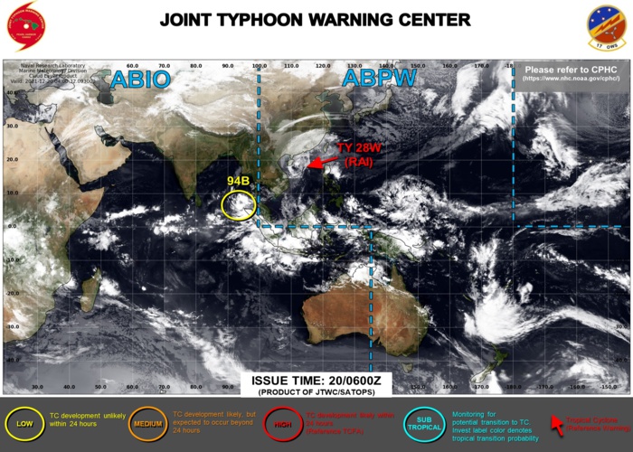 Typhoon 28W(RAI) down 55knots in 24H, intensity to fall below 35knots in 36h// Invest 94B and Invest 98W, 20/03utc