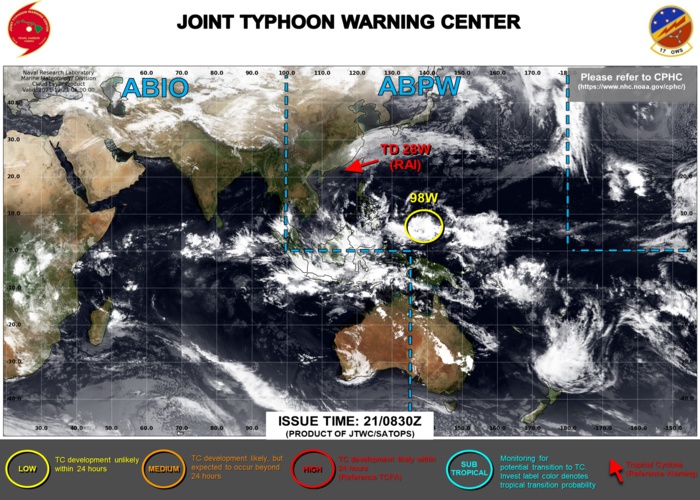 JTWC ISSUED WARNING 32/FINAL ON 28W(RAI) AT 20/21UTC. INVEST 94B IS NOW REMOVED FROM THE MAP WHEREAS INVEST 98W WAS ADDED TO THE MAP AT 21/02UTC.