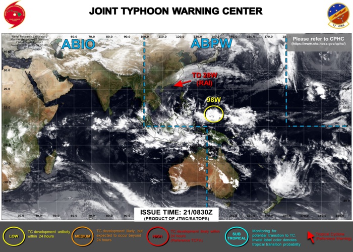 JTWC ISSUED WARNING 32/FINAL ON 28W(RAI) AT 20/21UTC. INVEST 94B IS NOW REMOVED FROM THE MAP WHEREAS INVEST 98W WAS ADDED TO THE MAP AT 21/02UTC. JTWC ISSUED WARNING 32/FINAL ON 28W(RAI) AT 20/21UTC. INVEST 94B IS NOW REMOVED FROM THE MAP WHEREAS INVEST 98W WAS ADDED TO THE MAP AT 21/02UTC.