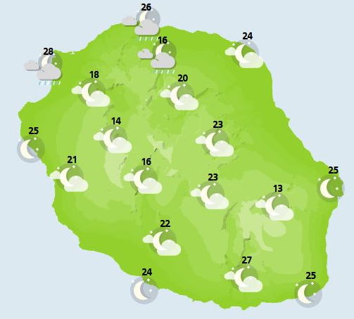 Situation générale le JEUDI 23  Flux de secteur Nord-Ouest modéré à assez fort dans une masse d'air toujours humide et potentiellement instable.  NUIT DU JEUDI 23 au VENDREDI 24  Un temps sec est de retour sur notre île en ce début de soirée mais avec encore le maintien d'un voile nuageux en transit. Le ciel devient étoilé plus tard dans la nuit avant qu'une nouvelle humidification ne s'opère sur le Nord-Ouest associée à quelques précipitations attendues de Saint-Paul en remontant jusque Sainte-Marie. Un vent de Nord à Nord-Ouest souffle de la Pointe des Aigrettes à l'Etang-Salé et le long du littoral Nord-Est avec des rafales possibles avoisinant les 50 km/h. Le vent faiblit sur les hauteurs. La mer est peu agitée à agitée au vent sans houle significative.