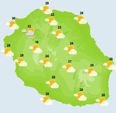 SAMEDI 25  En ce jour de Noël, quelques averses sont attendues en début de matinée entre Saint-Paul et Sainte-Marie, ailleurs le temps se montre clément. Au fil de la matinée, les averses disparaissent de la côte nord et nord-ouest, mais les nuages commencent à gagner l'intérieur de l'île, les plaines et le volcan. L'après-midi, des averses sont attendues ici ou là, mais c'est surtout sur les régions de l'Est approximativement entre Saint-André à Saint-Philippe (plaines et volcan inclus) de voire un ciel de plus en plus menaçant, des bonnes averses localement orageuses sont au programme de après-midi. Le vent de secteur Nord-Ouest est modéré long des plages de l'Ouest ainsi que de Sainte-Suzanne à Sainte-Rose. Mer peu agitée à agitée. Houle de Sud-Sud-Ouest voisine de 1 mètre 50.