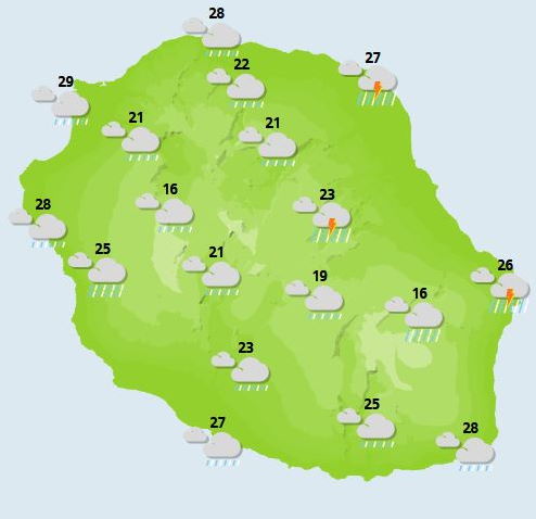 JOURNEE DU DIMANCHE 26  Le flux est orienté à l'Ouest puis Sud-Ouest.  Malgré la présence de nuages sur le département en matinée, le temps a été agréable. Cet après-midi, le temps change tout de même, les nuages deviennent plus nombreux mais surtout plus menaçants. La nébulosité augment sur l'ensemble de l'île. Cependant, les averses concernent de préférence les régions Est et Sud-Est. Elles sont localement de saison et accompagnées d'un coup de tonnerre. En fin de journée et soirée, le temps devient également maussade sur le Sud du département.  Après les brises de ce matin, le vent d'Ouest se renforce, notamment sur le nord du département, rafales de 50 km/h. Il est moins sensible dans le Sud mais quelques rafales font également leurs apparitions dans les Hauts.  La mer est agitée dans l'ouest et le sud par une petite houle australe de sud-sud-ouest voisine de 1.5 m..  NUIT DU DIMANCHE 26 au LUNDI 27  Les nuages restent très nombreux sur le département. Les régions Sud et Sud-Est connaissent un temps instable. Des averses localement orageuses se produisent.  En début de nuit, le vent s'oriente au Sud-est. Il devient modéré sur les côtes sud-ouest. Dans les Hauts, le flux reste orienté au secteur Ouest faible.  La houle australe se maintient.