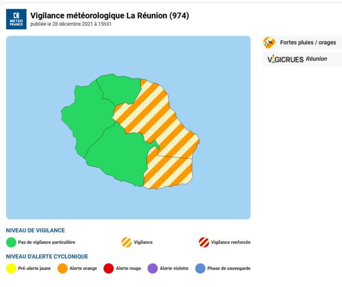 Publié le 28 décembre 2021 à 15h45      Fortes pluies/orages      N°24      Valable à compter du mardi 28 décembre 2021 à 20 heures locales.      Repris dans un rapide flux d'alizé, les résidus d'un front froid provoquent de fortes averses sur le massif du volcan et les hauts de l'Est la nuit prochaine. Ces précipitations pourront prendre localement un caractère orageux. Sur les régions Est et Sud-Est les cumuls de pluies pourraient approcher les seuils. Cet épisode pluvio-instable risque de perdurer en journée de mercredi.      En cette période de vacances scolaires et avec une activité volcanique en cours, la plus garnde prudence est de mise sur ces régions.      Ce bulletin sera réactualisé au plus tard le mercredi 29 décembre 2021 vers 7 heures locales.     Vents forts      Pas de vigilance particulière.     Vagues-submersion      Pas de vigilance particulière.