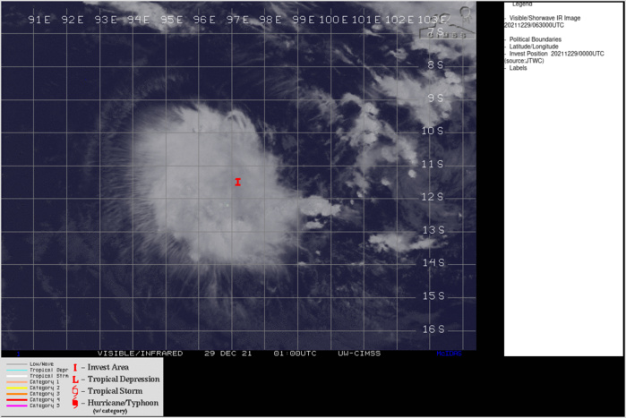 AN AREA OF CONVECTION (INVEST 98S) HAS PERSISTED NEAR  12.1S 97.5E, APPROXIMATELY 70 KM EAST OF THE COCOS ISLANDS. ANIMATED  MULTISPECTRAL SATELLITE IMAGERY AND A 281032Z SSMIS 91GHZ MICROWAVE  IMAGE DEPICT A BROAD LOW LEVEL CIRCULATION (LLC) WITH FLARING  CONVECTION IN THE NORTHWESTERN AND WESTERN PERIPHERIES. IN ADDITION,  FORMATIVE BANDING APPEARS IN ALIGNMENT WITH THE CONVECTION.  ENVIRONMENTAL ANALYSIS INDICATES FAVORABLE CONDITIONS FOR  DEVELOPMENT WITH FAIR POLEWARD OUTFLOW ALOFT, LOW (5-10KTS) VERTICAL  WIND SHEAR, AND WARM (29-30C) SEA SURFACE TEMPERATURES. GLOBAL  MODELS ARE IN GOOD AGREEMENT THAT THE SYSTEM REMAINS STATIONARY OFF  THE WESTERN COAST OF SUMATRA WITH FAVORABLE DEVELOPMENT OVER THE  NEXT 24-36HRS. MAXIMUM SUSTAINED SURFACE WINDS ARE ESTIMATED AT 15  TO 20 KNOTS. MINIMUM SEA LEVEL PRESSURE IS ESTIMATED TO BE NEAR 1006  MB. THE POTENTIAL FOR THE DEVELOPMENT OF A SIGNIFICANT TROPICAL  CYCLONE WITHIN THE NEXT 24 HOURS IS UPGRADED TO LOW.