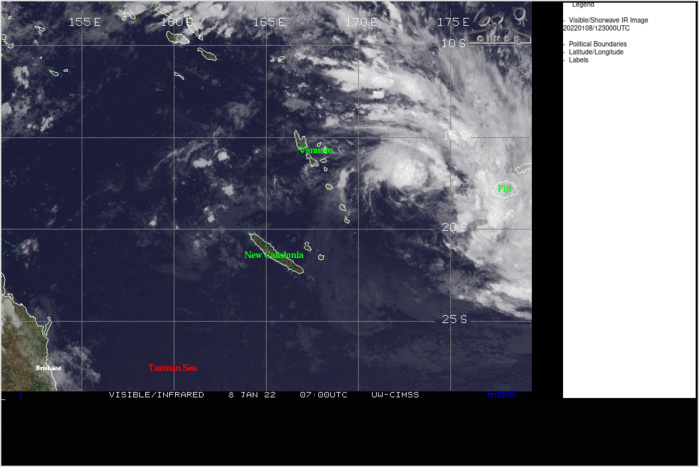 THE AREA OF CONVECTION (INVEST 99P) PREVIOUSLY LOCATED  NEAR 18.4S 173.0E IS NOW LOCATED NEAR 18.6S 173.3E, APPROXIMATELY  515 KM WEST-SOUTHWEST OF NADI, FIJI. ANIMATED MULTISPECTRAL  SATELLITE IMAGERY (MSI) AND A 080716Z AMSR2 91GHZ MICROWAVE IMAGE  SHOW CONCENTRATED CONVECTION DISPLACED TO THE NORTHWEST OF A WELL- DEFINED LOW LEVEL CIRCULATION CENTER (LLCC) WITH WEAK CONVECTIVE  BANDS ORIENTED IN A NORTH-SOUTH ARC ON THE EASTERN PERIPHERY. A  08948Z ASCAT BULLSEYE FURTHER REVEALS A LARGE SWATH OF 30-35 KNOT  WINDS MIRRORING THE CONVECTIVE BANDS ON THE EASTERN EDGE OF THE LLCC  WITH 20 KTS WRAPPING INTO THE LLCC IN THE REMAINING QUADRANTS.  ENVIRONMENTAL ANALYSIS INDICATES FAVORABLE CONDITIONS FOR TROPICAL  CYCLONE DEVELOPMENT WITH MODERATE RADIAL OUTFLOW ALOFT, MODERATE (15- 20KTS) VERTICAL WIND SHEAR (VWS), AND WARM (29C) SEA SURFACE  TEMPERATURES (SST). GLOBAL MODELS AGREE THAT 99P WILL CONTINUE TO  STRENGTHEN AS IT TRACKS GENERALLY SOUTH-SOUTHEAST. MAXIMUM SUSTAINED  SURFACE WINDS ARE ESTIMATED AT 25 TO 30 KNOTS. MINIMUM SEA LEVEL  PRESSURE IS ESTIMATED TO BE NEAR 1000 MB. THE POTENTIAL FOR THE  DEVELOPMENT OF A SIGNIFICANT TROPICAL CYCLONE WITHIN THE NEXT 24  HOURS IS UPGRADED TO HIGH. THE AREA OF CONVECTION (INVEST 99P) PREVIOUSLY LOCATED  NEAR 18.4S 173.0E IS NOW LOCATED NEAR 18.6S 173.3E, APPROXIMATELY  515 KM WEST-SOUTHWEST OF NADI, FIJI. ANIMATED MULTISPECTRAL  SATELLITE IMAGERY (MSI) AND A 080716Z AMSR2 91GHZ MICROWAVE IMAGE  SHOW CONCENTRATED CONVECTION DISPLACED TO THE NORTHWEST OF A WELL- DEFINED LOW LEVEL CIRCULATION CENTER (LLCC) WITH WEAK CONVECTIVE  BANDS ORIENTED IN A NORTH-SOUTH ARC ON THE EASTERN PERIPHERY. A  08948Z ASCAT BULLSEYE FURTHER REVEALS A LARGE SWATH OF 30-35 KNOT  WINDS MIRRORING THE CONVECTIVE BANDS ON THE EASTERN EDGE OF THE LLCC  WITH 20 KTS WRAPPING INTO THE LLCC IN THE REMAINING QUADRANTS.  ENVIRONMENTAL ANALYSIS INDICATES FAVORABLE CONDITIONS FOR TROPICAL  CYCLONE DEVELOPMENT WITH MODERATE RADIAL OUTFLOW ALOFT, MODERATE (15- 20KTS) VERTICAL WIND SHEAR (VWS), AND WARM (29C) SEA SURFACE  TEMPERATURES (SST). GLOBAL MODELS AGREE THAT 99P WILL CONTINUE TO  STRENGTHEN AS IT TRACKS GENERALLY SOUTH-SOUTHEAST. MAXIMUM SUSTAINED  SURFACE WINDS ARE ESTIMATED AT 25 TO 30 KNOTS. MINIMUM SEA LEVEL  PRESSURE IS ESTIMATED TO BE NEAR 1000 MB. THE POTENTIAL FOR THE  DEVELOPMENT OF A SIGNIFICANT TROPICAL CYCLONE WITHIN THE NEXT 24  HOURS IS UPGRADED TO HIGH.