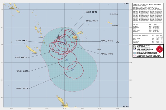 FORECAST REASONING. SIGNIFICANT FORECAST CHANGES: THERE ARE NO SIGNIFICANT CHANGES TO THE FORECAST FROM THE PREVIOUS WARNING. FORECAST DISCUSSION: TC 05P IS FORECAST TO TRACK SLOWLY SOUTHEASTWARD THROUGH 12H WITHIN THE COMPETING STEERING PATTERN BETWEEN THE NEAR EQUATORIAL RIDGE (NER) AND THE SUBTROPICAL RIDGE (STR). AFTER 12H, THE STR SHOULD BUILD TO THE SOUTH AND BECOME THE DOMINANT STEERING INFLUENCE THROUGH 60H WITH A GENERALLY WESTWARD TO WEST-SOUTHWESTWARD TRACK. AFTER 60H, AN APPROACHING MAJOR SHORTWAVE TROUGH IS EXPECTED TO WEAKEN THE STR, WHICH WILL LEAD TO A FASTER SOUTHEASTWARD TRACK TOWARD THE BREAK IN THE STR ALONG THE WESTERN AND SOUTHWESTERN PERIPHERY OF THE WEAK STEERING RIDGE POSITIONED TO THE EAST. THE SYSTEM IS EXPECTED TO REMAIN WITHIN A COMPLEX UPPER-LEVEL ENVIRONMENT UNDER A BROAD UPPER- LEVEL TROUGH, HOWEVER, SLIGHT INTENSIFICATION IS ANTICIPATED DUE TO ROBUST POLEWARD OUTFLOW WITH A PEAK INTENSITY OF 50 KNOTS EXPECTED AT 36H. AFTER 36H, TC 05P WILL GRADUALLY WEAKEN AS IT BECOMES FURTHER EMBEDDED WITHIN THE UPPER-LEVEL TROUGH. AFTER 96H, TC 05P IS FORECASTED TO GRADUALLY TRANSITION INTO A SUBTROPICAL CYCLONE. FORECAST REASONING. SIGNIFICANT FORECAST CHANGES: THERE ARE NO SIGNIFICANT CHANGES TO THE FORECAST FROM THE PREVIOUS WARNING. FORECAST DISCUSSION: TC 05P IS FORECAST TO TRACK SLOWLY SOUTHEASTWARD THROUGH 12H WITHIN THE COMPETING STEERING PATTERN BETWEEN THE NEAR EQUATORIAL RIDGE (NER) AND THE SUBTROPICAL RIDGE (STR). AFTER 12H, THE STR SHOULD BUILD TO THE SOUTH AND BECOME THE DOMINANT STEERING INFLUENCE THROUGH 60H WITH A GENERALLY WESTWARD TO WEST-SOUTHWESTWARD TRACK. AFTER 60H, AN APPROACHING MAJOR SHORTWAVE TROUGH IS EXPECTED TO WEAKEN THE STR, WHICH WILL LEAD TO A FASTER SOUTHEASTWARD TRACK TOWARD THE BREAK IN THE STR ALONG THE WESTERN AND SOUTHWESTERN PERIPHERY OF THE WEAK STEERING RIDGE POSITIONED TO THE EAST. THE SYSTEM IS EXPECTED TO REMAIN WITHIN A COMPLEX UPPER-LEVEL ENVIRONMENT UNDER A BROAD UPPER- LEVEL TROUGH, HOWEVER, SLIGHT INTENSIFICATION IS ANTICIPATED DUE TO ROBUST POLEWARD OUTFLOW WITH A PEAK INTENSITY OF 50 KNOTS EXPECTED AT 36H. AFTER 36H, TC 05P WILL GRADUALLY WEAKEN AS IT BECOMES FURTHER EMBEDDED WITHIN THE UPPER-LEVEL TROUGH. AFTER 96H, TC 05P IS FORECASTED TO GRADUALLY TRANSITION INTO A SUBTROPICAL CYCLONE.