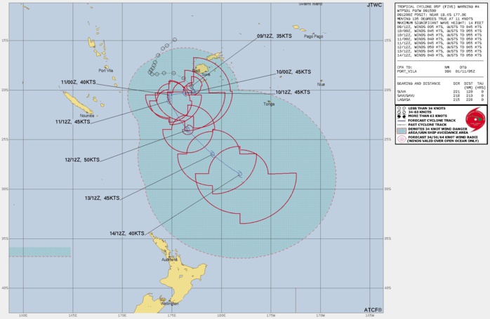 FORECAST REASONING. SIGNIFICANT FORECAST CHANGES: THERE ARE NO SIGNIFICANT CHANGES TO THE FORECAST FROM THE PREVIOUS WARNING. FORECAST DISCUSSION: WHILE THE SYSTEM HAS BEEN MOVING SOUTHEAST AT A FAIRLY QUICK 20 KM/H OVER THE PAST SIX HOURS, OVER THE LAST COUPLE OF HOURS IT HAS SHOWN SIGNS OF STARTING TO SLOW DOWN. THIS TREND IS EXPECTED TO CONTINUE OVER THE NEXT 12 HOURS AS THE NER TO THE NORTHEAST WEAKENS AND MOVES AWAY TO THE NORTH. OVER THE NEXT 18 HOURS, THE STR TO THE SOUTH WILL BUILD IN AND BECOME THE PRIMARY STEERING MECHANISM AND TC 05P WILL TURN TO THE WEST BY 24H. BY 36H, THE STEERING PATTERN SHIFTS AGAIN, WITH THE A MAJOR SHORTWAVE TROUGH MOVING IN FROM THE WEST AND ERODING THE STR, ALLOWING TC 05P TO TURN SHARPLY SOUTH-SOUTHEASTWARD FROM 48H THROUGH THE END OF THE FORECAST PERIOD. THE SYSTEM CURRENTLY SITS AT THE BASE OF AN UPPER-LEVEL TROUGH, AND THE STRONG DIVERGENT POLEWARD OUTFLOW ON THE EASTERN SIDE OF THE SYSTEM HAS ALLOWED FOR THE RECENT INTENSIFICATION. MID-LEVEL DRY AIR IN THE WESTERN SEMICIRCLE REMAINS PROBLEMATIC HOWEVER AND IS LIMITING THE INTENSIFICATION FOR NOW. THE ATMOSPHERE IS EXPECTED TO MOISTEN OVER THE NEXT 12 HOURS, ALLOWING FOR A SHORT SPURT OF INTENSIFICATION TO 45 KNOTS. THE BASE OF THE UPPER TROUGH PINCHES OFF TO AN UPPER-LEVEL LOW OVER THE NEXT 12 HOURS, AND TC 05P WILL MOVE UNDER THIS FEATURE BY 24H, AND THE CONVERGENCE FLOW ALOFT WILL LEAD TO A BRIEF WEAKENING TREND THROUGH 48H. THE SYSTEM IS EXPECTED TO ONCE AGAIN INTENSIFY AS IT MOVES AWAY FROM THE UPPER LOW, DEVELOPS A WEAK ANTICYCLONE ALOFT AND TAPS INTO STRONG POLEWARD OUTFLOW, PEAKING AT 50 KNOTS AT 72H. THE SYSTEM IS FORECAST TO CROSS THE 26C ISOTHERM SHORTLY AFTER 72H, AND FACE INCREASING SHEAR AND DRY AIR ENTRAINMENT. SUBTROPICAL TRANSITION WILL BEGIN BY 96H, AND BE COMPLETE NO LATER THAN 120H. FORECAST REASONING. SIGNIFICANT FORECAST CHANGES: THERE ARE NO SIGNIFICANT CHANGES TO THE FORECAST FROM THE PREVIOUS WARNING. FORECAST DISCUSSION: WHILE THE SYSTEM HAS BEEN MOVING SOUTHEAST AT A FAIRLY QUICK 20 KM/H OVER THE PAST SIX HOURS, OVER THE LAST COUPLE OF HOURS IT HAS SHOWN SIGNS OF STARTING TO SLOW DOWN. THIS TREND IS EXPECTED TO CONTINUE OVER THE NEXT 12 HOURS AS THE NER TO THE NORTHEAST WEAKENS AND MOVES AWAY TO THE NORTH. OVER THE NEXT 18 HOURS, THE STR TO THE SOUTH WILL BUILD IN AND BECOME THE PRIMARY STEERING MECHANISM AND TC 05P WILL TURN TO THE WEST BY 24H. BY 36H, THE STEERING PATTERN SHIFTS AGAIN, WITH THE A MAJOR SHORTWAVE TROUGH MOVING IN FROM THE WEST AND ERODING THE STR, ALLOWING TC 05P TO TURN SHARPLY SOUTH-SOUTHEASTWARD FROM 48H THROUGH THE END OF THE FORECAST PERIOD. THE SYSTEM CURRENTLY SITS AT THE BASE OF AN UPPER-LEVEL TROUGH, AND THE STRONG DIVERGENT POLEWARD OUTFLOW ON THE EASTERN SIDE OF THE SYSTEM HAS ALLOWED FOR THE RECENT INTENSIFICATION. MID-LEVEL DRY AIR IN THE WESTERN SEMICIRCLE REMAINS PROBLEMATIC HOWEVER AND IS LIMITING THE INTENSIFICATION FOR NOW. THE ATMOSPHERE IS EXPECTED TO MOISTEN OVER THE NEXT 12 HOURS, ALLOWING FOR A SHORT SPURT OF INTENSIFICATION TO 45 KNOTS. THE BASE OF THE UPPER TROUGH PINCHES OFF TO AN UPPER-LEVEL LOW OVER THE NEXT 12 HOURS, AND TC 05P WILL MOVE UNDER THIS FEATURE BY 24H, AND THE CONVERGENCE FLOW ALOFT WILL LEAD TO A BRIEF WEAKENING TREND THROUGH 48H. THE SYSTEM IS EXPECTED TO ONCE AGAIN INTENSIFY AS IT MOVES AWAY FROM THE UPPER LOW, DEVELOPS A WEAK ANTICYCLONE ALOFT AND TAPS INTO STRONG POLEWARD OUTFLOW, PEAKING AT 50 KNOTS AT 72H. THE SYSTEM IS FORECAST TO CROSS THE 26C ISOTHERM SHORTLY AFTER 72H, AND FACE INCREASING SHEAR AND DRY AIR ENTRAINMENT. SUBTROPICAL TRANSITION WILL BEGIN BY 96H, AND BE COMPLETE NO LATER THAN 120H.