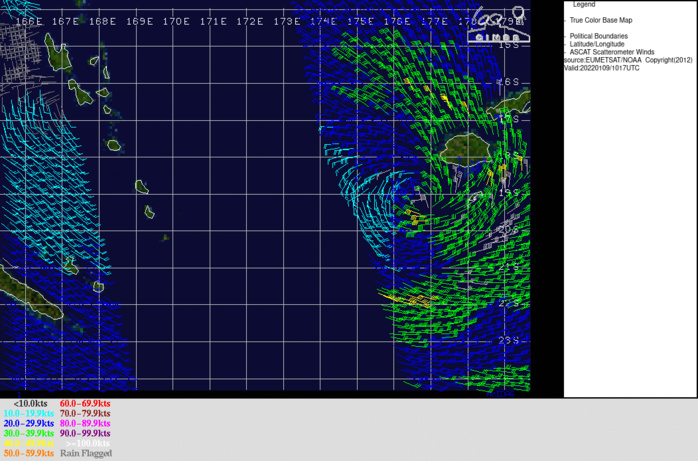 090924Z ASCAT-B AND 091019 ASCAT-C PASSES SHOWED THE COMPACT CIRCULATION CENTER TO GOOD EFFECT, AND AN EXTRAPOLATION OF THESE CENTERS PROVIDED MEDIUM CONFIDENCE TO THE INITIAL POSITION. THE SCATTEROMETER PASSES SHOWED 35 KNOT WINDS WITHIN 110KM OF THE CENTER TO BOTH THE NORTHWEST AND SOUTH OF THE CENTER, AND PROVIDED GOOD SUPPORT TO INCREASE THE INITIAL INTENSITY TO 35 KNOTS.