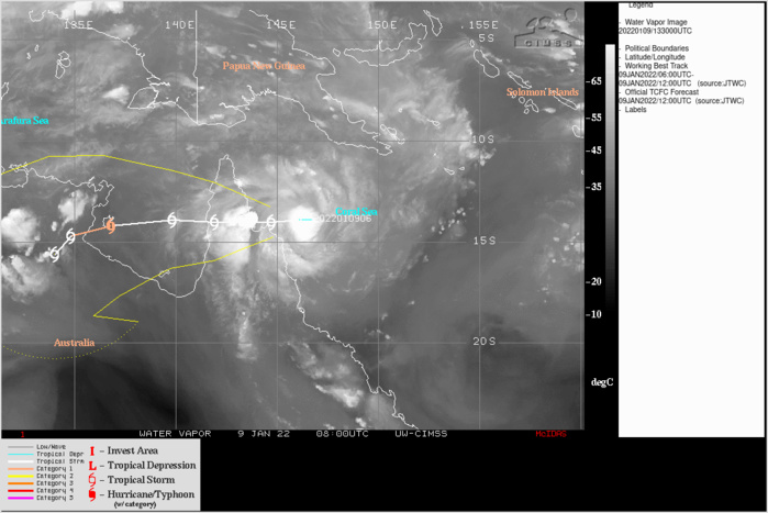 SATELLITE ANALYSIS, INITIAL POSITION AND INTENSITY DISCUSSION: ANIMATED ENHANCED INFRARED (EIR) SATELLITE IMAGERY DEPICTS A COMPACT SYSTEM WITH DEEP CONVECTIVE BANDS SPIRALING INTO THE LOW LEVEL CIRCULATION CENTER. WHILE THE LLCC IS OBSCURED THE CYCLONIC CIRCULATION EVIDENT IN THE HIGH RESOLUTION EIR ANIMATION, AS WELL AS AN EXTRAPOLATION OF A MICROWAVE EYE FEATURE IN A 090846Z SSMIS 89GHZ MICROWAVE IMAGE PROVIDE MEDIUM CONFIDENCE TO THE INITIAL POSITION. THE PRESENCE OF OVERSHOOTING TOPS WITH TEMPERATURES APPROACHING -90C AND SEVERAL INNER CORE LIGHTNING BURSTS SUPPORT THE RAPID INTENSIFICATION OF THE SYSTEM, WITH THE INITIAL INTENSITY INCREASED TO A CONSERVATIVE 50 KNOTS. AGENCY FIXES ARE SPREAD BETWEEN T2.5 (35 KTS) AND T3.5 (55 KTS) WHILE THE OBJECTIVE ESTIMATES ARE CLOSER TO THE LOWER END OF THE SPREAD. THE INITIAL INTENSITY IS SET SLIGHTLY ABOVE THE AVERAGE OF THE CURRENT INTENSITY ESTIMATES IN LIGHT OF A 090805Z SMOS PASS WHICH SHOWED AN AREA OF 50-55 KNOT WINDS ASSOCIATED WITH THE CORE OF THE SYSTEM. SATELLITE ANALYSIS, INITIAL POSITION AND INTENSITY DISCUSSION: ANIMATED ENHANCED INFRARED (EIR) SATELLITE IMAGERY DEPICTS A COMPACT SYSTEM WITH DEEP CONVECTIVE BANDS SPIRALING INTO THE LOW LEVEL CIRCULATION CENTER. WHILE THE LLCC IS OBSCURED THE CYCLONIC CIRCULATION EVIDENT IN THE HIGH RESOLUTION EIR ANIMATION, AS WELL AS AN EXTRAPOLATION OF A MICROWAVE EYE FEATURE IN A 090846Z SSMIS 89GHZ MICROWAVE IMAGE PROVIDE MEDIUM CONFIDENCE TO THE INITIAL POSITION. THE PRESENCE OF OVERSHOOTING TOPS WITH TEMPERATURES APPROACHING -90C AND SEVERAL INNER CORE LIGHTNING BURSTS SUPPORT THE RAPID INTENSIFICATION OF THE SYSTEM, WITH THE INITIAL INTENSITY INCREASED TO A CONSERVATIVE 50 KNOTS. AGENCY FIXES ARE SPREAD BETWEEN T2.5 (35 KTS) AND T3.5 (55 KTS) WHILE THE OBJECTIVE ESTIMATES ARE CLOSER TO THE LOWER END OF THE SPREAD. THE INITIAL INTENSITY IS SET SLIGHTLY ABOVE THE AVERAGE OF THE CURRENT INTENSITY ESTIMATES IN LIGHT OF A 090805Z SMOS PASS WHICH SHOWED AN AREA OF 50-55 KNOT WINDS ASSOCIATED WITH THE CORE OF THE SYSTEM.