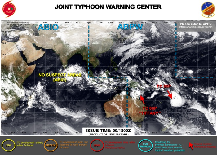 JTWC IS ISSUING 6HOURLY WARNINGS AND 3HOURLY SATELLITE BULLETINS ON TC 05P(CODY) AND TC 06P(TIFFANY). JTWC IS ISSUING 6HOURLY WARNINGS AND 3HOURLY SATELLITE BULLETINS ON TC 05P(CODY) AND TC 06P(TIFFANY).