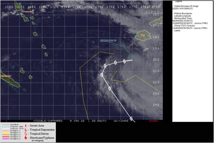 SATELLITE ANALYSIS, INITIAL POSITION AND INTENSITY DISCUSSION: ANIMATED MULTISPECTRAL SATELLITE IMAGERY (MSI) DEPICTS A FULLY-EXPOSED, WELL-DEFINED LOW-LEVEL CIRCULATION CENTER, WHICH SUPPORTS THE INITIAL POSITION WITH HIGH CONFIDENCE, WITH DEEP CONVECTION SHEARED ABOUT 55KM SOUTH. A 100131Z AMSR2 89GHZ MICROWAVE IMAGE INDICATES EXTENSIVE DEEP CONVECTIVE BANDING OVER THE EASTERN AND SOUTHERN SEMICIRCLES WRAPPING BROADLY AROUND THE CENTER. ANIMATED WATER VAPOR IMAGERY AND UW-CIMSS FEATURE TRACK WINDS CONTINUE TO SHOW AN UPPER-LEVEL TROUGH AND POSSIBLE CLOSED LOW OVER THE SYSTEM, WHICH IS HINDERING DEVELOPMENT OF CORE CONVECTION. THE INITIAL INTENSITY OF 40 KTS IS ASSESSED WITH HIGH CONFIDENCE AND IS HEDGED SLIGHTLY HIGHER THAN THE PGTW AND KNES DVORAK ESTIMATES BASED ON THE CIMSS ADT ESTIMATE.