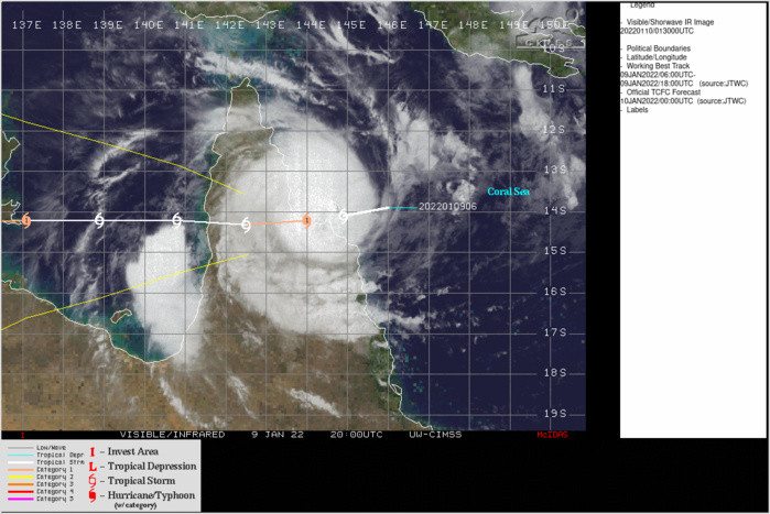 SATELLITE ANALYSIS, INITIAL POSITION AND INTENSITY DISCUSSION: TC 06P TRACKED INTO THE PRINCESS CHARLOTTE BAY WHILE CONSOLIDATING, AND BRIEFLY FLIRTED WITH AN EYE, WHICH LED TO A JUMP IN DVORAK ESTIMATES TO T4.0 (65 KNOTS). A PARTIAL 092011Z SMAP IMAGE ALSO INDICATED PEAK WINDS OF 65 KNOTS, THEREFORE THE INITIAL INTENSITY IS ASSESSED AT TYPHOON STRENGTH. OVER THE PAST FEW HOURS, THE SYSTEM MADE LANDFALL (ABOUT 100130Z) AND HAS SUBSEQUENTLY WEAKENED. THERE ARE NO AVAILABLE SURFACE OBSERVATIONS IN THIS AREA. ADDITIONALLY, THE SYSTEM IS ALSO TOO FAR FROM THE WEIPA AND CAIRNS RADARS THEREFORE THE CENTER AND DEVELOPING EYE IS NOT CLEARLY EVIDENT AS OF THIS TIME. UPPER-LEVEL CONDITIONS ARE FAVORABLE WITH RADIAL OUTFLOW OFFSET SOMEWHAT BY LOW TO MODERATE EASTERLY VERTICAL WIND SHEAR. HOWEVER, OVERALL CONDITIONS ARE MARGINALLY FAVORABLE DUE TO INTERACTION WITH LAND.