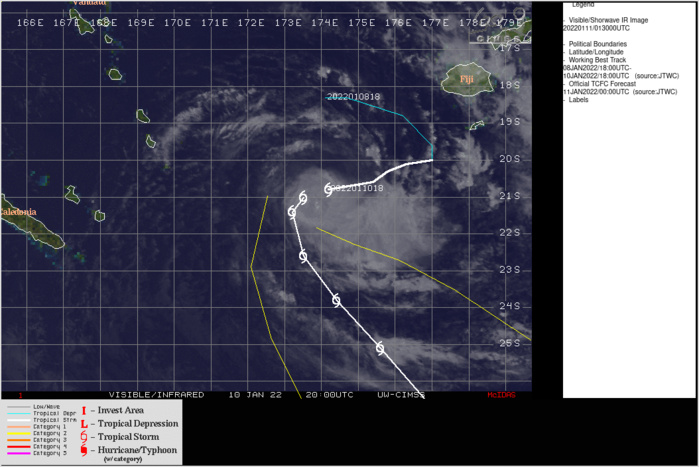 SATELLITE ANALYSIS, INITIAL POSITION AND INTENSITY DISCUSSION: ANIMATED MULTISPECTRAL SATELLITE IMAGERY (MSI) CONVECTION BEGAN TO RE-FORM OVER THE LOW LEVEL CIRCULATION (LLC). THE CENTRAL CONVECTION REMAINS FAIRLY SYMMETRICAL EVEN AS THE SOUTHERN FEEDER BANDS APPEAR TO BE FRAYING WITH EXPOSURE TO STRONGER UPPER LEVEL WINDS, AS EVIDENCED BY TRANSVERSE BANDING IN THE SOUTHERNMOST PERIPHERIES. THE INITIAL POSITION IS PLACED WITH MEDIUM CONFIDENCE BASED ON A RAGGED LLC FEATURE IN THE 102153Z AMSU-B IMAGE AND A SEMI-CIRCULATION FEATURE IN THE 102107Z ASCAT PASS. THE INITIAL INTENSITY OF 45KTS IS PLACED WITH MEDIUM CONFIDENCE BASED ON AN OVERALL ASSESSMENT OF AGENCY AND AUTOMATED DVORAK ESTIMATES AND SUPPORTED BY THE AFOREMENTIONED ASCAT PASS. ANALYSIS INDICATES THE SYSTEM HAS DRIFTED IN A MARGINALLY FAVORABLE AREA WITH WARM SSTS, MEDIUM VWS, WEAK POLEWARD OUTFLOW, AND COLD DRY AIR ADVECTION IN THE LOWER LEVELS. THE CYCLONE IS TRACING ALONG THE NORTHWEST PERIPHERY OF THE STR TO THE SOUTHEAST. SATELLITE ANALYSIS, INITIAL POSITION AND INTENSITY DISCUSSION: ANIMATED MULTISPECTRAL SATELLITE IMAGERY (MSI) CONVECTION BEGAN TO RE-FORM OVER THE LOW LEVEL CIRCULATION (LLC). THE CENTRAL CONVECTION REMAINS FAIRLY SYMMETRICAL EVEN AS THE SOUTHERN FEEDER BANDS APPEAR TO BE FRAYING WITH EXPOSURE TO STRONGER UPPER LEVEL WINDS, AS EVIDENCED BY TRANSVERSE BANDING IN THE SOUTHERNMOST PERIPHERIES. THE INITIAL POSITION IS PLACED WITH MEDIUM CONFIDENCE BASED ON A RAGGED LLC FEATURE IN THE 102153Z AMSU-B IMAGE AND A SEMI-CIRCULATION FEATURE IN THE 102107Z ASCAT PASS. THE INITIAL INTENSITY OF 45KTS IS PLACED WITH MEDIUM CONFIDENCE BASED ON AN OVERALL ASSESSMENT OF AGENCY AND AUTOMATED DVORAK ESTIMATES AND SUPPORTED BY THE AFOREMENTIONED ASCAT PASS. ANALYSIS INDICATES THE SYSTEM HAS DRIFTED IN A MARGINALLY FAVORABLE AREA WITH WARM SSTS, MEDIUM VWS, WEAK POLEWARD OUTFLOW, AND COLD DRY AIR ADVECTION IN THE LOWER LEVELS. THE CYCLONE IS TRACING ALONG THE NORTHWEST PERIPHERY OF THE STR TO THE SOUTHEAST.