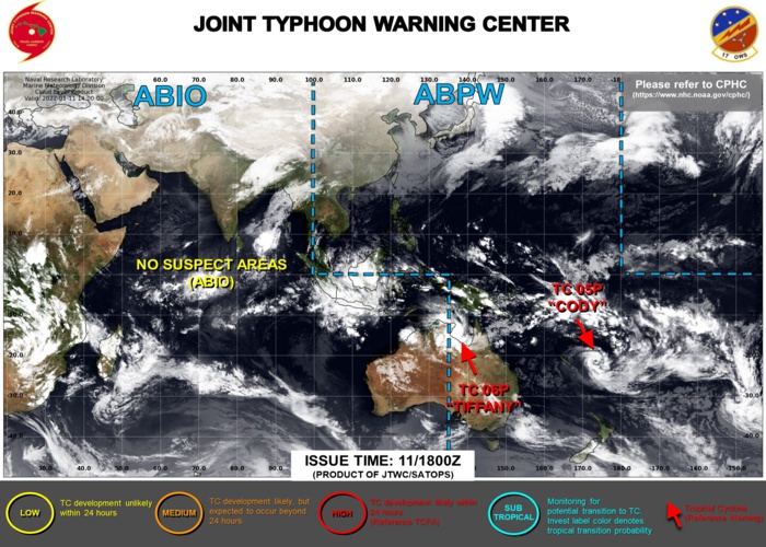 JTWC IS ISSUING 6HOURLY WARNINGS ON TC 05P(CODY). WARNING 12/FINAL ON TC 06P(TIFFANY) IS ISSUED AT 12/03UTC.THE OVER-LAND SYSTEM WILL BE CLOSELY MONITORED. 3HOURLY SATELLITE BULLETINS ARE STILL ISSUED ON BOTH SYSTEMS. JTWC IS ISSUING 6HOURLY WARNINGS ON TC 05P(CODY). WARNING 12/FINAL ON TC 06P(TIFFANY) IS ISSUED AT 12/03UTC.THE OVER-LAND SYSTEM WILL BE CLOSELY MONITORED. 3HOURLY SATELLITE BULLETINS ARE STILL ISSUED ON BOTH SYSTEMS.