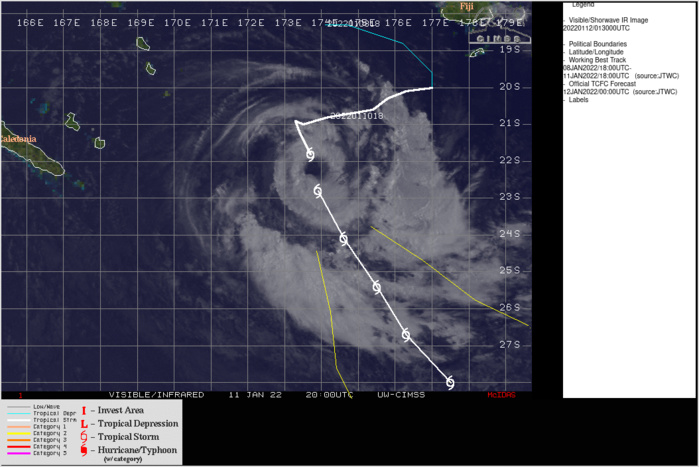 SATELLITE ANALYSIS, INITIAL POSITION AND INTENSITY DISCUSSION: ANIMATED MULTISPECTRAL SATELLITE IMAGERY (MSI) DEPICTS SHOWS THE SYSTEM HAS MAINTAINED DEGREE OF WRAP AND DEEP CONVECTION AND A LARGE, RAGGED 75-KM BANDING EYE. THE INITIAL POSITION IS PLACED WITH HIGH CONFIDENCE BASED ON THE EYE FEATURE IN MSI. THE INITIAL  INTENSITY OF 50KTS IS HELD HIGHER THAN THE PGTW AND ADT DVORAK  ESTIMATES AND MORE IN LINE WITH THE SATCON ESTIMATE OF 50KTS IS  AVERAGED FROM AGENCY AND AUTOMATED DVORAK ESTIMATES AND REFLECTS THE  SUSTAINED CONVECTIVE SIGNATURE. ANALYSIS INDICATES A MARGINAL  ENVIRONMENT WITH MEDIUM TO STRONG VERTICAL WIND SHEAR, COOL SSTS,  LOW LEVEL DRY AIR INTRUSION FROM THE WEST, AND IMPROVING POLEWARD  OUTFLOW. THE CYCLONE IS TRACKING ALONG THE WESTERN PERIPHERY OF THE  STR TO THE EAST.