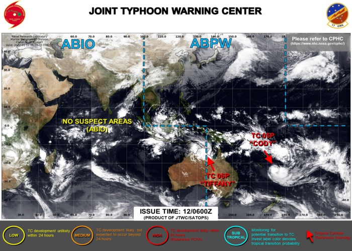 JTWC IS ISSUING 6HOURLY WARNINGS ON TC 05P(CODY). WARNING 12/FINAL ON TC 06P(TIFFANY) WAS ISSUED AT 12/03UTC.THE OVER-LAND SYSTEM IS STILL CLOSELY MONITORED. 3HOURLY SATELLITE BULLETINS ARE STILL ISSUED ON BOTH SYSTEMS. JTWC IS ISSUING 6HOURLY WARNINGS ON TC 05P(CODY). WARNING 12/FINAL ON TC 06P(TIFFANY) WAS ISSUED AT 12/03UTC.THE OVER-LAND SYSTEM IS STILL CLOSELY MONITORED. 3HOURLY SATELLITE BULLETINS ARE STILL ISSUED ON BOTH SYSTEMS.