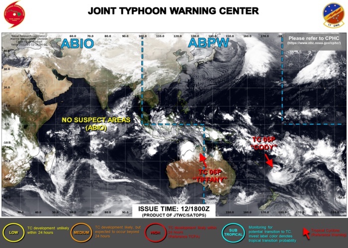 JTWC IS ISSUING 6HOURLY WARNINGS ON TC 05P(CODY). WARNING 12/FINAL ON TC 06P(TIFFANY) WAS ISSUED AT 12/03UTC.THE OVER-LAND SYSTEM IS STILL CLOSELY MONITORED. 3HOURLY SATELLITE BULLETINS ARE ISSUED ON 05P AND ARE DISCONTINUED FOR 06P AT 13/0230UTC.