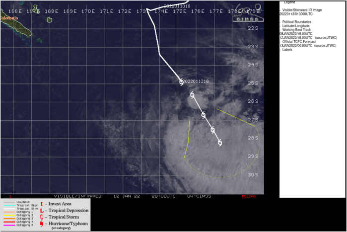 SATELLITE ANALYSIS, INITIAL POSITION AND INTENSITY DISCUSSION: ANIMATED MULTISPECTRAL SATELLITE IMAGERY (MSI) DEPICTS A BROAD, FULLY-EXPOSED LOW-LEVEL CIRCULATION CENTER (LLCC) WITH ISOLATED DEEP CONVECTION SHEARED TO THE SOUTHEAST. THE INITIAL POSITION IS  PLACED WITH HIGH CONFIDENCE BASED ON THE MSI. A 122117Z ASCAT-B IMAGE SUPPORTS THE INITIAL POSITION AND INITIAL INTENSITY ASSESSMENT, AND WAS ALSO USED TO ADJUST THE 34-KNOT WIND RADII. TC 05P IS LOCATED UNDER STRONG WESTERLY FLOW ALOFT WITH STRONG VERTICAL WIND SHEAR AND ROBUST POLEWARD OUTFLOW.