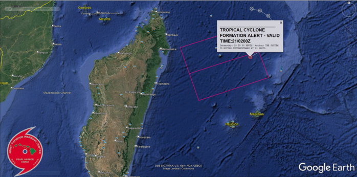 FORMATION OF A SIGNIFICANT TROPICAL CYCLONE IS POSSIBLE WITHIN 130 NM EITHER SIDE OF A LINE FROM 15.4S 57.7E TO 17.4S 52.1E WITHIN  THE NEXT 12 TO 24 HOURS. AVAILABLE DATA DOES NOT JUSTIFY ISSUANCE OF  NUMBERED TROPICAL CYCLONE WARNINGS AT THIS TIME. WINDS IN THE AREA  ARE ESTIMATED TO BE 25 TO 30 KNOTS. METSAT IMAGERY AT 210100Z  INDICATES THAT A CIRCULATION CENTER IS LOCATED NEAR 15.9S 57.0E. THE  SYSTEM IS MOVING SOUTHWESTWARD AT 24 KM/H. 2. REMARKS: THE AREA OF CONVECTION (INVEST 93S) PREVIOUSLY LOCATED  NEAR 14.5S 58.6E IS NOW LOCATED NEAR 15.9S 57.0E, APPROXIMATELY 1045  KM EAST-NORTHEAST OF ANTANANARIVO, MADAGASCAR. ANIMATED  MULTISPECTRAL SATELLITE IMAGERY DEPICTS A COMPACT SYSTEM WITH  FORMATIVE BANDING IN THE WESTERN AND NORTHERN QUADRANTS FEEDING INTO  A FULLY OBSCURED LOW LEVEL CIRCULATION (LLC). A 201819Z ASCAT METOP- C PASS INDICATED THE LLC IS CONSOLIDATED AND WELL DEFINED WITH  ELEVATED WINDS UP TO 30KTS CONCENTRATED TO THE NORTH AND WESTERN  QUADRANTS. UPPER LEVEL ANALYSIS REVEALS A FAVORABLE ENVIRONMENT WITH  DIVERGENCE ALOFT AND POLEWARD AND WESTWARD OUTFLOW OFFSET BY LIGHT  TO MODERATE (10-20KT) VERTICAL WIND SHEAR. SEA SURFACE TEMPERATURES  AT 29-30C ARE ALSO FAVORABLE. DYNAMIC MODELS INDICATE  INTENSIFICATION OVER THE NEXT 24 HOURS AS THE SYSTEM TRACKS WEST- SOUTHWESTWARD. MAXIMUM SUSTAINED SURFACE WINDS ARE ESTIMATED AT 25  TO 30 KNOTS. MINIMUM SEA LEVEL PRESSURE IS ESTIMATED TO BE NEAR 1003  MB. THE POTENTIAL FOR THE DEVELOPMENT OF A SIGNIFICANT TROPICAL  CYCLONE WITHIN THE NEXT 24 HOURS IS HIGH.