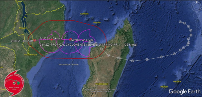 FORECAST REASONING.  SIGNIFICANT FORECAST CHANGES: THIS INITIAL PROGNOSTIC REASONING MESSAGE ESTABLISHES THE FORECAST PHILOSOPHY.  FORECAST DISCUSSION: TC 07S IS FORECAST TO TRACK WESTWARD ALONG THE NORTHERN PERIPHERY OF THE SUBTROPICAL RIDGE (STR) ENTRENCHED TO THE SOUTH. TC 07S WILL INTENSIFY TO A PEAK OF 45 KNOTS AT 12H DUE TO THE FAVORABLE CONDITIONS INCLUDING WARM SEA SURFACE TEMPERATURES (29-30C) AND VIGOROUS EQUATORWARD OUTFLOW. THERE IS SOME POTENTIAL FOR THE SYSTEM TO INTENSIFY SLIGHTLY HIGHER (50 KNOTS) BEFORE IT MAKES LANDFALL NEAR 18H. AFTER 18H, TC 07S WILL TRACK INLAND AND DISSIPATE RAPIDLY. FORECAST REASONING.  SIGNIFICANT FORECAST CHANGES: THIS INITIAL PROGNOSTIC REASONING MESSAGE ESTABLISHES THE FORECAST PHILOSOPHY.  FORECAST DISCUSSION: TC 07S IS FORECAST TO TRACK WESTWARD ALONG THE NORTHERN PERIPHERY OF THE SUBTROPICAL RIDGE (STR) ENTRENCHED TO THE SOUTH. TC 07S WILL INTENSIFY TO A PEAK OF 45 KNOTS AT 12H DUE TO THE FAVORABLE CONDITIONS INCLUDING WARM SEA SURFACE TEMPERATURES (29-30C) AND VIGOROUS EQUATORWARD OUTFLOW. THERE IS SOME POTENTIAL FOR THE SYSTEM TO INTENSIFY SLIGHTLY HIGHER (50 KNOTS) BEFORE IT MAKES LANDFALL NEAR 18H. AFTER 18H, TC 07S WILL TRACK INLAND AND DISSIPATE RAPIDLY.
