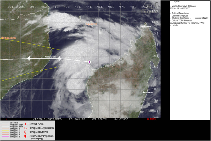 SATELLITE ANALYSIS, INITIAL POSITION AND INTENSITY DISCUSSION: TROPICAL CYCLONE (TC) 07S HAS RE-EMERGED OVER THE MOZAMBIQUE CHANNEL OVER THE PAST EIGHT HOURS AND IS QUICKLY CONSOLIDATING AS IT TRACKS AWAY FROM MADAGASCAR. ANIMATED MULTISPECTRAL SATELLITE IMAGERY (MSI) DEPICTS IMPROVED DEEP CONVECTIVE BANDING OVER THE NORTHERN AND WESTERN SEMICIRCLES WITH A DEFINED, PARTIALLY-EXPOSED LOW-LEVEL CIRCULATION CENTER (LLCC). A 231054Z AMSR2 36GHZ MICROWAVE IMAGE ALSO INDICATES IMPROVED BANDING WRAPPING TIGHTLY INTO AN ELONGATED, DEFINED LLCC. THE INITIAL POSITION IS PLACED WITH HIGH CONFIDENCE BASED ON THE MSI AND AMSR2 IMAGE. THE INITIAL INTENSITY OF 35 KTS IS ASSESSED WITH HIGH CONFIDENCE BASED ON THE PGTW DVORAK ESTIMATE. UPPER-LEVEL ANALYSIS IS FAVORABLE WITH ROBUST EQUATORWARD OUTFLOW AND FAIR POLEWARD OUTFLOW OFFSET BY LOW TO MODERATE EASTERLY VERTICAL WIND SHEAR. VERY WARM SEA SURFACE TEMPERATURES ARE ALSO CONDUCIVE.