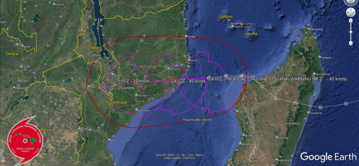 FORECAST REASONING. SIGNIFICANT FORECAST CHANGES: THERE ARE NO SIGNIFICANT CHANGES TO THE FORECAST FROM THE PREVIOUS WARNING. FORECAST DISCUSSION: TC 07S WILL CONTINUE TRACKING WESTWARD ALONG THE NORTHERN PERIPHERY OF THE SUBTROPICAL RIDGE (STR) THROUGH THE FORECAST PERIOD. THE SYSTEM IS EXPECTED TO MAKE LANDFALL ALONG THE MOZAMBIQUE COAST SOUTH OF NACALA WITHIN THE NEXT 12 HOURS. THE WARM SSTS, GOOD DIVERGENCE ALOFT, AND LOW VWS WILL SUPPORT NEAR-TERM INTENSIFICATION TO A PEAK NEAR 50-55 KNOTS PRIOR TO LANDFALL, WHICH CANNOT BE CAPTURED IN THE 12-HOUR FORECAST INCREMENTS. THE SYSTEM WILL RAPIDLY WEAKEN AND DISSIPATE BELOW WARNING CRITERIA WITHIN 24 HOURS OF LANDFALL. FORECAST REASONING. SIGNIFICANT FORECAST CHANGES: THERE ARE NO SIGNIFICANT CHANGES TO THE FORECAST FROM THE PREVIOUS WARNING. FORECAST DISCUSSION: TC 07S WILL CONTINUE TRACKING WESTWARD ALONG THE NORTHERN PERIPHERY OF THE SUBTROPICAL RIDGE (STR) THROUGH THE FORECAST PERIOD. THE SYSTEM IS EXPECTED TO MAKE LANDFALL ALONG THE MOZAMBIQUE COAST SOUTH OF NACALA WITHIN THE NEXT 12 HOURS. THE WARM SSTS, GOOD DIVERGENCE ALOFT, AND LOW VWS WILL SUPPORT NEAR-TERM INTENSIFICATION TO A PEAK NEAR 50-55 KNOTS PRIOR TO LANDFALL, WHICH CANNOT BE CAPTURED IN THE 12-HOUR FORECAST INCREMENTS. THE SYSTEM WILL RAPIDLY WEAKEN AND DISSIPATE BELOW WARNING CRITERIA WITHIN 24 HOURS OF LANDFALL.