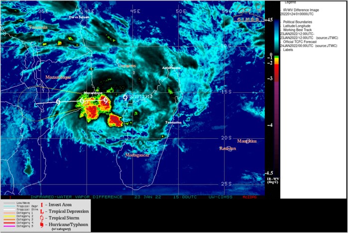 SATELLITE ANALYSIS, INITIAL POSITION AND INTENSITY DISCUSSION: AFTER EMERGING INTO THE MOZAMBIQUE CHANNEL, TC ANA HAS RAPIDLY CONSOLIDATED WHILE MOVING OVER OPEN WATER. ANIMATED ENHANCED INFRARED (EIR) SATELLITE IMAGERY DEPICTS AN AREA OF SYMMETRICAL FLARING CONVECTION OBSCURING THE LOW LEVEL CIRCULATION CENTER (LLCC). CLOUD TOP TEMPERATURES WERE ABOUT -85C AT THE 0000Z HOUR, BUT HAVE SUBSEQUENTLY WARMED BUT THE SPIRAL BANDING FEATURES HAVE BECOME MORE PRONOUNCED. A 232250Z GPM COLORIZED 37GHZ MICROWAVE IMAGE DEPICTED STRONG CONVECTIVE BANDS TO THE NORTH AND SLIGHTLY WEAKER CONVECTIVE BANDS TO THE SOUTH SIDE, WRAPPING INTO A WELL DEFINED LLCC. THE INITIAL POSITION IS ASSESSED WITH MEDIUM CONFIDENCE BASED ON AN EXTRAPOLATION OF THE PREVIOUSLY MENTIONED MICROWAVE CENTER FEATURE. THE INITIAL INTENSITY IS ASSESSED AT 45 KNOTS WITH MEDIUM CONFIDENCE, ABOVE THE PGTW DVORAK INTENSITY ESTIMATE, BUT IN LINE WITH THE FMEE AND THE ADT ESTIMATE OF T3.2 (47 KNOTS). SSTS REMAIN WARM (29-30C), VWS REMAINS LOW TO MODERATE AND HIGHLY DIVERGENT EASTERLY FLOW ALOFT IS ENHANCING THE OUTFLOW TO THE WEST AND EQUATORWARD. SATELLITE ANALYSIS, INITIAL POSITION AND INTENSITY DISCUSSION: AFTER EMERGING INTO THE MOZAMBIQUE CHANNEL, TC ANA HAS RAPIDLY CONSOLIDATED WHILE MOVING OVER OPEN WATER. ANIMATED ENHANCED INFRARED (EIR) SATELLITE IMAGERY DEPICTS AN AREA OF SYMMETRICAL FLARING CONVECTION OBSCURING THE LOW LEVEL CIRCULATION CENTER (LLCC). CLOUD TOP TEMPERATURES WERE ABOUT -85C AT THE 0000Z HOUR, BUT HAVE SUBSEQUENTLY WARMED BUT THE SPIRAL BANDING FEATURES HAVE BECOME MORE PRONOUNCED. A 232250Z GPM COLORIZED 37GHZ MICROWAVE IMAGE DEPICTED STRONG CONVECTIVE BANDS TO THE NORTH AND SLIGHTLY WEAKER CONVECTIVE BANDS TO THE SOUTH SIDE, WRAPPING INTO A WELL DEFINED LLCC. THE INITIAL POSITION IS ASSESSED WITH MEDIUM CONFIDENCE BASED ON AN EXTRAPOLATION OF THE PREVIOUSLY MENTIONED MICROWAVE CENTER FEATURE. THE INITIAL INTENSITY IS ASSESSED AT 45 KNOTS WITH MEDIUM CONFIDENCE, ABOVE THE PGTW DVORAK INTENSITY ESTIMATE, BUT IN LINE WITH THE FMEE AND THE ADT ESTIMATE OF T3.2 (47 KNOTS). SSTS REMAIN WARM (29-30C), VWS REMAINS LOW TO MODERATE AND HIGHLY DIVERGENT EASTERLY FLOW ALOFT IS ENHANCING THE OUTFLOW TO THE WEST AND EQUATORWARD.