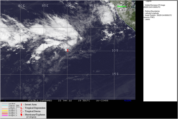 THE AREA OF CONVECTION (INVEST 96S) PREVIOUSLY LOCATED NEAR 9.2S 89.7E IS NOW LOCATED NEAR 9.6S 89.4E, APPROXIMATELY 850KM WEST-NORTHWEST OF THE COCOS ISLANDS. ANIMATED ENHANCED INFRARED SATELLITE IMAGERY DEPICTS A STRONG BAND OF FLARING CONVECTION WRAPPING FROM THE NORTH INTO A PARTIALLY EXPOSED LOW LEVEL CIRCULATION (LLC). ANALYSIS INDICATES THERE IS A MARGINAL ENVIRONMENT WITH MODERATE TO HIGH (20-30 KNOTS) VERTICAL WIND SHEAR (VWS) TO THE NORTH OF 96S AND MODERATE TO WEAK (10-15 KNOTS) VWS TO THE SOUTH. THE STRONG VWS IS BEING OFFSET BY FAIR RADIAL OUTFLOW, DIVERGENCE ALOFT AND WARM (29-30C) SEA SURFACE TEMPERATURES. GLOBAL MODELS ARE IN GENERAL AGREEMENT ON A SOUTHWARD TO SOUTHWESTWARD TRACK WITH GFS PREDICTING MORE AGGRESSIVE DEVELOPMENT OVER THE NEXT 36-48 HOURS AS 96S MOVES INTO MORE FAVORABLE VWS. MAXIMUM SUSTAINED SURFACE WINDS ARE ESTIMATED AT 15 TO 20 KNOTS. MINIMUM SEA LEVEL PRESSURE IS ESTIMATED TO BE NEAR 1006 MB. THE POTENTIAL FOR THE DEVELOPMENT OF A SIGNIFICANT TROPICAL CYCLONE WITHIN THE NEXT 24 HOURS IS UPGRADED TO MEDIUM. THE AREA OF CONVECTION (INVEST 96S) PREVIOUSLY LOCATED NEAR 9.2S 89.7E IS NOW LOCATED NEAR 9.6S 89.4E, APPROXIMATELY 850KM WEST-NORTHWEST OF THE COCOS ISLANDS. ANIMATED ENHANCED INFRARED SATELLITE IMAGERY DEPICTS A STRONG BAND OF FLARING CONVECTION WRAPPING FROM THE NORTH INTO A PARTIALLY EXPOSED LOW LEVEL CIRCULATION (LLC). ANALYSIS INDICATES THERE IS A MARGINAL ENVIRONMENT WITH MODERATE TO HIGH (20-30 KNOTS) VERTICAL WIND SHEAR (VWS) TO THE NORTH OF 96S AND MODERATE TO WEAK (10-15 KNOTS) VWS TO THE SOUTH. THE STRONG VWS IS BEING OFFSET BY FAIR RADIAL OUTFLOW, DIVERGENCE ALOFT AND WARM (29-30C) SEA SURFACE TEMPERATURES. GLOBAL MODELS ARE IN GENERAL AGREEMENT ON A SOUTHWARD TO SOUTHWESTWARD TRACK WITH GFS PREDICTING MORE AGGRESSIVE DEVELOPMENT OVER THE NEXT 36-48 HOURS AS 96S MOVES INTO MORE FAVORABLE VWS. MAXIMUM SUSTAINED SURFACE WINDS ARE ESTIMATED AT 15 TO 20 KNOTS. MINIMUM SEA LEVEL PRESSURE IS ESTIMATED TO BE NEAR 1006 MB. THE POTENTIAL FOR THE DEVELOPMENT OF A SIGNIFICANT TROPICAL CYCLONE WITHIN THE NEXT 24 HOURS IS UPGRADED TO MEDIUM.