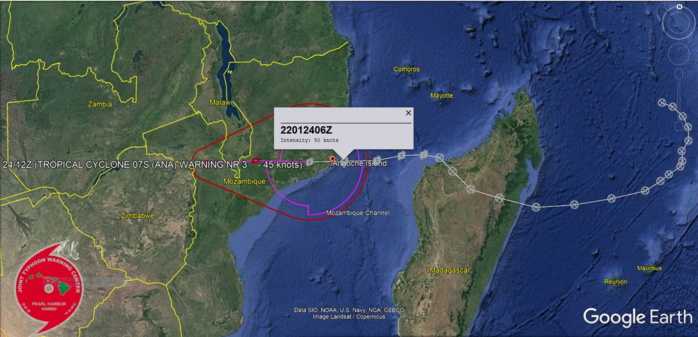 REMARKS: 241500Z POSITION NEAR 16.3S 38.1E. 24JAN22. TROPICAL CYCLONE (TC) 07S (ANA), LOCATED APPROXIMATELY 285  KM SOUTHWEST OF NACALA, MOZAMBIQUE, HAS TRACKED WESTWARD AT 30 KM/H OVER THE PAST SIX HOURS. TC 07S MADE LANDFALL AT APPROXIMATELY  240800Z NEAR ANGOCHE, MOZAMBIQUE. SURFACE WINDS AT ANGOCHE SWITCHED  FROM SOUTHERLY AT 20 KNOTS AT 240800Z TO NORTHEASTERLY AT 22 KM/H AT 240900Z AS THE SYSTEM CENTER TRACKED INLAND. ANIMATED ENHANCED  INFRARED SATELLITE IMAGERY INDICATES A WELL-ORGANIZED SYSTEM WITH  CONVECTIVE BANDING WRAPPING INTO A DEFINED LOW-LEVEL CIRCULATION  CENTER (LLCC). A 241137Z AMSR2 89GHZ MICROWAVE IMAGE ALSO SHOWS  CURVED BANDING OVER THE WESTERN SEMICIRCLE AND A DEFINED LLCC, WHICH  SUPPORTS THE INITIAL POSITION WITH FAIR CONFIDENCE. BASED ON THE  CONVECTIVE STRUCTURE, THE INITIAL INTENSITY IS ASSESSED  CONSERVATIVELY AT 45 KNOTS. TC 07S IS EXPECTED TO CONTINUE TRACKING  WESTWARD AND WILL DISSIPATE BY 24H. NUMERICAL MODEL GUIDANCE IS  IN TIGHT AGREEMENT LENDING HIGH CONFIDENCE TO THE JTWC FORECAST  TRACK. THIS IS THE FINAL WARNING ON THIS SYSTEM BY THE JOINT TYPHOON WRNCEN PEARL HARBOR HI.