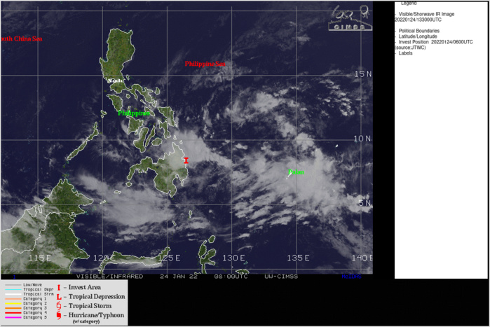 THE AREA OF CONVECTION (INVEST 91W) PREVIOUSLY LOCATED  NEAR 8.4N 129.6E IS NOW LOCATED NEAR 8.6N 126.5E, APPROXIMATELY 190 KM NORTH-NORTHEAST OF DAVAO, PHILIPPINES. ANIMATED MULTISPECTRAL  SATELLITE IMAGERY AND A 240410Z GMI 89GHZ MICROWAVE IMAGE DISPLAY  SOME ORGANIZED BANDING WRAPPING INTO A PARTIALLY EXPOSED LOW LEVEL  CIRCULATION (LLC). ENVIRONMENTAL ANALYSIS INDICATES OVERALL  FAVORABLE CONDITIONS DEFINED BY LOW TO MODERATE (15-20 KNOTS)  VERTICAL WIND SHEAR, BEING OFFSET BY FAIR POLEWARD OUTFLOW AND WARM  (27-28C) SEA SURFACE TEMPERATURES. ECMWF AND GFS ARE IN GENERAL  AGREEMENT ON THE WESTWARD TRACK OF INVEST 91W AND DESPITE THE  OVERALL FAVORABLE ENVIRONMENT, LIMITED TIME OVER WATER BEFORE MAKING  LANDFALL OVER MINDANAO INDICATES THE SYSTEM IS NOT EXPECTED TO REACH  WARNING CRITERIA IN THE NEXT 48 HOURS. MAXIMUM SUSTAINED SURFACE  WINDS ARE ESTIMATED AT 10 TO 15 KNOTS. MINIMUM SEA LEVEL PRESSURE IS  ESTIMATED TO BE NEAR 1004 MB. THE POTENTIAL FOR THE DEVELOPMENT OF A  SIGNIFICANT TROPICAL CYCLONE WITHIN THE NEXT 24 HOURS REMAINS LOW.