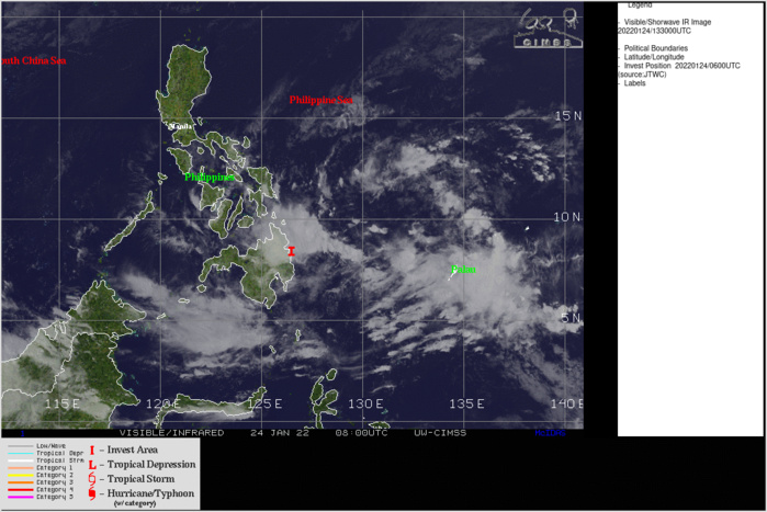 THE AREA OF CONVECTION (INVEST 91W) PREVIOUSLY LOCATED NEAR 8.4N 129.6E IS NOW LOCATED NEAR 8.6N 126.5E, APPROXIMATELY 190 KM NORTH-NORTHEAST OF DAVAO, PHILIPPINES. ANIMATED MULTISPECTRAL SATELLITE IMAGERY AND A 240410Z GMI 89GHZ MICROWAVE IMAGE DISPLAY SOME ORGANIZED BANDING WRAPPING INTO A PARTIALLY EXPOSED LOW LEVEL CIRCULATION (LLC). ENVIRONMENTAL ANALYSIS INDICATES OVERALL FAVORABLE CONDITIONS DEFINED BY LOW TO MODERATE (15-20 KNOTS) VERTICAL WIND SHEAR, BEING OFFSET BY FAIR POLEWARD OUTFLOW AND WARM (27-28C) SEA SURFACE TEMPERATURES. ECMWF AND GFS ARE IN GENERAL AGREEMENT ON THE WESTWARD TRACK OF INVEST 91W AND DESPITE THE OVERALL FAVORABLE ENVIRONMENT, LIMITED TIME OVER WATER BEFORE MAKING LANDFALL OVER MINDANAO INDICATES THE SYSTEM IS NOT EXPECTED TO REACH WARNING CRITERIA IN THE NEXT 48 HOURS. MAXIMUM SUSTAINED SURFACE WINDS ARE ESTIMATED AT 10 TO 15 KNOTS. MINIMUM SEA LEVEL PRESSURE IS ESTIMATED TO BE NEAR 1004 MB. THE POTENTIAL FOR THE DEVELOPMENT OF A SIGNIFICANT TROPICAL CYCLONE WITHIN THE NEXT 24 HOURS REMAINS LOW. THE AREA OF CONVECTION (INVEST 91W) PREVIOUSLY LOCATED NEAR 8.4N 129.6E IS NOW LOCATED NEAR 8.6N 126.5E, APPROXIMATELY 190 KM NORTH-NORTHEAST OF DAVAO, PHILIPPINES. ANIMATED MULTISPECTRAL SATELLITE IMAGERY AND A 240410Z GMI 89GHZ MICROWAVE IMAGE DISPLAY SOME ORGANIZED BANDING WRAPPING INTO A PARTIALLY EXPOSED LOW LEVEL CIRCULATION (LLC). ENVIRONMENTAL ANALYSIS INDICATES OVERALL FAVORABLE CONDITIONS DEFINED BY LOW TO MODERATE (15-20 KNOTS) VERTICAL WIND SHEAR, BEING OFFSET BY FAIR POLEWARD OUTFLOW AND WARM (27-28C) SEA SURFACE TEMPERATURES. ECMWF AND GFS ARE IN GENERAL AGREEMENT ON THE WESTWARD TRACK OF INVEST 91W AND DESPITE THE OVERALL FAVORABLE ENVIRONMENT, LIMITED TIME OVER WATER BEFORE MAKING LANDFALL OVER MINDANAO INDICATES THE SYSTEM IS NOT EXPECTED TO REACH WARNING CRITERIA IN THE NEXT 48 HOURS. MAXIMUM SUSTAINED SURFACE WINDS ARE ESTIMATED AT 10 TO 15 KNOTS. MINIMUM SEA LEVEL PRESSURE IS ESTIMATED TO BE NEAR 1004 MB. THE POTENTIAL FOR THE DEVELOPMENT OF A SIGNIFICANT TROPICAL CYCLONE WITHIN THE NEXT 24 HOURS REMAINS LOW.