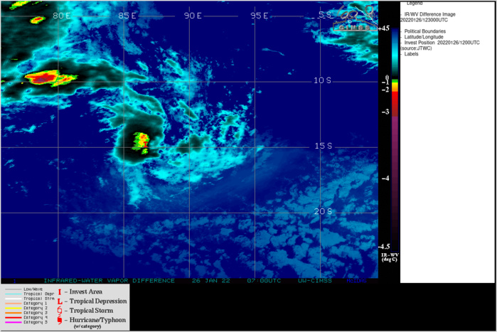 THE AREA OF CONVECTION (INVEST 96S) PREVIOUSLY LOCATED  NEAR 12.9S 90.9E IS NOW LOCATED NEAR 13.2S 90.6E, APPROXIMATELY 690  KM WEST OF COCOS ISLANDS. ANIMATED ENHANCED INFRARED SATELLITE  IMAGERY DEPICTS CONSOLIDATING CONVECTION OVERHEAD OF AN OBSCURED LOW  LEVEL CIRCULATION. ENVIRONMENTAL ANALYSIS CONTINUES TO INDICATE  MARGINAL CONDITIONS FOR DEVELOPMENT DEFINED BY FAIR OUTFLOW ALOFT  AND WARM (29-30C) SEA SURFACE TEMPERATURES, OFFSET BY HIGH (30-40KT)  VERTICAL WIND SHEAR (VWS) TO THE NORTH AND MODERATE TO HIGH (20- 30KT) VWS TO THE SOUTH. GLOBAL MODELS ARE IN GOOD AGREEMENT THAT 96S  WILL CONSOLIDATE AS IT CONTINUES ON ITS SOUTH-SOUTHWESTWARD TRACK  OVER THE NEXT 24-48 HOURS. MAXIMUM SUSTAINED SURFACE WINDS ARE  ESTIMATED AT 20 TO 25 KNOTS. MINIMUM SEA LEVEL PRESSURE IS ESTIMATED  TO BE NEAR 1005 MB. THE POTENTIAL FOR THE DEVELOPMENT OF A  SIGNIFICANT TROPICAL CYCLONE WITHIN THE NEXT 24 HOURS REMAINS HIGH. THE AREA OF CONVECTION (INVEST 96S) PREVIOUSLY LOCATED  NEAR 12.9S 90.9E IS NOW LOCATED NEAR 13.2S 90.6E, APPROXIMATELY 690  KM WEST OF COCOS ISLANDS. ANIMATED ENHANCED INFRARED SATELLITE  IMAGERY DEPICTS CONSOLIDATING CONVECTION OVERHEAD OF AN OBSCURED LOW  LEVEL CIRCULATION. ENVIRONMENTAL ANALYSIS CONTINUES TO INDICATE  MARGINAL CONDITIONS FOR DEVELOPMENT DEFINED BY FAIR OUTFLOW ALOFT  AND WARM (29-30C) SEA SURFACE TEMPERATURES, OFFSET BY HIGH (30-40KT)  VERTICAL WIND SHEAR (VWS) TO THE NORTH AND MODERATE TO HIGH (20- 30KT) VWS TO THE SOUTH. GLOBAL MODELS ARE IN GOOD AGREEMENT THAT 96S  WILL CONSOLIDATE AS IT CONTINUES ON ITS SOUTH-SOUTHWESTWARD TRACK  OVER THE NEXT 24-48 HOURS. MAXIMUM SUSTAINED SURFACE WINDS ARE  ESTIMATED AT 20 TO 25 KNOTS. MINIMUM SEA LEVEL PRESSURE IS ESTIMATED  TO BE NEAR 1005 MB. THE POTENTIAL FOR THE DEVELOPMENT OF A  SIGNIFICANT TROPICAL CYCLONE WITHIN THE NEXT 24 HOURS REMAINS HIGH.