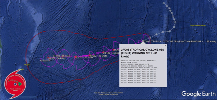 FORECAST REASONING.  SIGNIFICANT FORECAST CHANGES: THIS INITIAL PROGNOSTIC REASONING MESSAGE ESTABLISHES THE FORECAST PHILOSOPHY.  FORECAST DISCUSSION: TC 08S HAS CONSOLIDATED WITHIN THE FAR EASTERN END OF THE MONSOON TROUGH, AND HAS SEPARATED ITSELF INTO A DISTINCT ENTITY OVER THE PAST 24 HOURS. OVER THE PAST 12 HOURS, IT HAS BECOME INCREASINGLY ORGANIZED AND WELL DEFINED AS A TROPICAL CYCLONE. THE SYSTEM IS FORECAST TO TRACK WEST-SOUTHWESTWARD THROUGH 48 HOURS ALONG THE NORTH-NORTHWESTERN PERIPHERY OF THE SUBTROPICAL RIDGE (STR) TO THE SOUTH. WHILE THE SCATTEROMETER AND MODEL FIELDS SUGGEST THE PRESENCE OF A CIRCULATION TO THE NORTH WITHIN THE MONSOON TROUGH, WHICH IS FAIRLY CLOSE TO TC 08S, AT THIS TIME IT IS NOT EXPECTED TO SIGNIFICANTLY IMPACT THE TRACK OF TC 08S. BY 48H, THE RIDGE TO THE SOUTH WILL WEAKEN DUE TO PASSAGE OF A MID-LATITUDE TROUGH, THOUGH THE IMPACT ON TC 08S IS EXPECTED TO BE MINIMAL, WITH ONLY A SLOWDOWN IN TRACK SPEED EXPECTED. BY 72H, A BUILDING RIDGE TO THE SOUTHWEST WILL TAKE OVER STEERING, PUSHING TC 08S ONTO A MORE WESTWARD TRACK THROUGH THE REMAINDER OF THE FORECAST. ENVIRONMENTAL CONDITIONS ARE COMPLEX, WITH MULTIPLE COMPETING FACTORS INFLUENCING THE FORECAST. IN THE NEAR-TERM, THE LACK OF A STRONG OUTFLOW MECHANISM WILL OFFSET THE LOW VWS AND WARM SSTS, LEADING TO SLOW BURSTS OF INTENSIFICATION FOLLOWED BY PERIODS OF STEADY INTENSITY. AFTER 48H, THE SYSTEM WILL BRIEFLY ESTABLISH A POLEWARD OUTFLOW CHANNEL, ALLOWING FOR A SHORT BURST OF INTENSIFICATION TO A PEAK OF 55 KNOTS AT 72H. AFTER THIS POINT, INCREASING DRY AIR INTRUSION, NORTHEASTERLY SHEAR AND CONVERGENT FLOW ALOFT WILL CONSPIRE TO WEAKEN THE SYSTEM THROUGH THE END OF THE FORECAST PERIOD.