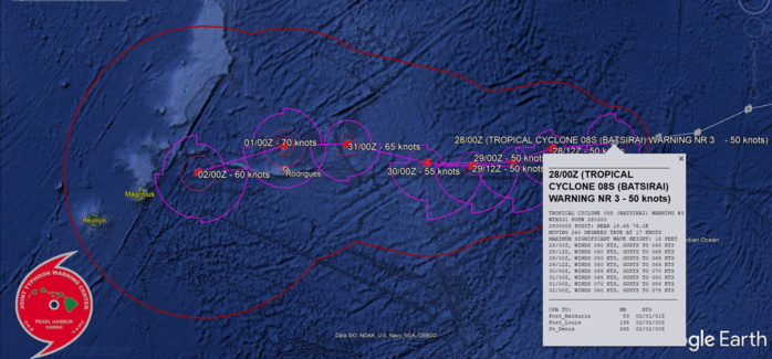 FORECAST REASONING.  SIGNIFICANT FORECAST CHANGES: THE FIRST 24 HOURS OF THE FORECAST INTENSITY WAS LOWERED TO ACCOUNT FOR THE RAPID WEAKENING THAT  OCCURRED.  FORECAST DISCUSSION: TC BATSIRAI IS EXPECTED TO TRACK GENERALLY SOUTH-SOUTHWESTERLY TO WESTERLY OVER THE NEXT 48 HOURS WITHIN THE BROADER MONSOONAL GYRE FLOW, WHICH IS MODULATED BY THE STRONG DEEP- LAYER SUBTROPICAL RIDGE TO THE SOUTH. MID-LEVEL DRYING AND PERSISTENT SHEAR IS FORECAST TO HAMPER REDEVELOPMENT DURING THIS PERIOD. HOWEVER, AFTER 48H THE TRACK IS EXPECTED TO DEFLECT EQUATORWARD, ACCOMPANIED BY INCREASED MOISTENING AND A RELAXATION OF THE SHEAR.  A WEAKNESS IN THE RIDGE SHOULD THEN ALLOW ANOTHER TURN TO THE SOUTH-SOUTHWEST AT THE END OF THE FORECAST. THE SMALL SIZE OF THE CURRENT CORE, COMBINED WITH THE BROADER INTERACTION WITH THE GYRE FLOW AND THE POOR GUIDANCE RELIABILITY THUS FAR MAKE THE INTENSITY FORECAST CHALLENGING. THE FORECAST IS SLIGHTLY HIGHER THAN THE CURRENT GUIDANCE ENVELOP GIVEN THE POTENTIAL TO RAPIDLY ADJUST TO ANY POSITIVE ENVIRONMENTAL CHANGES, ALTHOUGH THE FORECAST CALLS FOR THE SHEAR AND DRY ENVIRONMENT TO LIMIT INTENSIFICATION THROUGH  48H. A SECONDARY PEAK OF 70 KNOTS/CAT 1 IS ANTICIPATED AROUND 96H AS CONDITIONS IMPROVE. FORECAST CONFIDENCE IS GENERALLY LOW GIVEN THE LARGE SPREAD IN MODEL GUIDANCE AND INTENSITY CHALLENGES DESCRIBED BELOW.