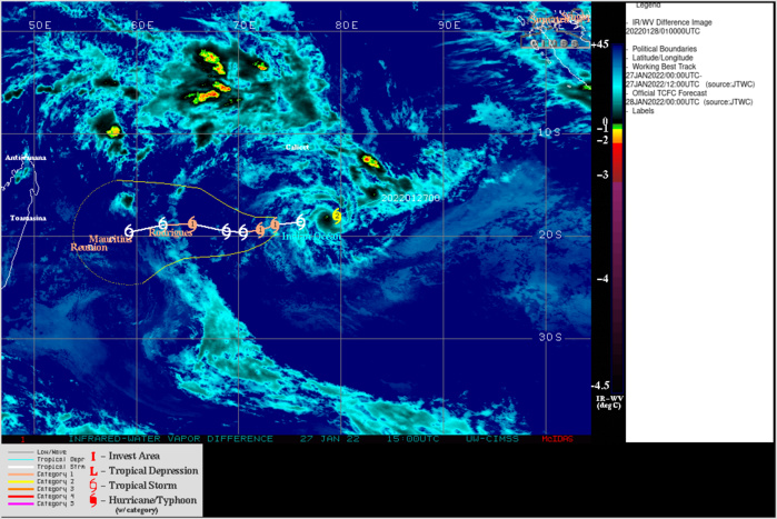 SATELLITE ANALYSIS, INITIAL POSITION AND INTENSITY DISCUSSION: ANIMATED MULTISPECTRAL SATELLITE IMAGERY (MSI) DEPICTS RAGGED DEEP CONVECTION OVER A COMPACT LOW LEVEL CIRCULATION CENTER, REFLECTING THE RAPID WEAKENING THAT HAS OCCURRED OVER THE PAST TWELVE HOURS FOLLOWING A VERY SHORT-LIVED PERIOD OF EXPLOSIVE DEEPENING. A 012723Z SSMIS PASS REVEALS DEEP CONVECTION IS DISPLACED TO THE SOUTHERN SEMI-CIRCLE DUE TO NORTHERLY VERTICAL WIND SHEAR. THE INITIAL POSITION WAS PLACED WITH GOOD CONFIDENCE BASED ON FIXES FROM PGTW AND FMEE, AND SUPPORTED BY THE SSMIS. THE INTENSITY WAS LOWERED TO 50 KNOTS, WITH BOTH AGENCIES HAVING A FINAL T-NUMBER OF 3.0, AND WITH CIS RANGING FROM 4.0 TO 5.0. THE LATEST CIMSS SATCON INDICATES 46 KNOTS, ALTHOUGH ADT HAS BEEN LOW-BIASED THROUGHOUT THE LAST DAY. SOME CONSIDERATION IS GIVEN TO THE SMALL SIZE OF THE SYSTEM. BATSORAI IS UNDER MODERATE 15 TO 20 KNOT SHEAR IN THE GFS, WHICH IS CONSISTENT WITH THE SSMIS IMAGERY. SST ANALYSIS INDICATES TC 08S IS TRACKING OVER A TONGUE OF SLIGHTLY COOLER (28 DEGREE CELSIUS) WATERS. SATELLITE ANALYSIS, INITIAL POSITION AND INTENSITY DISCUSSION: ANIMATED MULTISPECTRAL SATELLITE IMAGERY (MSI) DEPICTS RAGGED DEEP CONVECTION OVER A COMPACT LOW LEVEL CIRCULATION CENTER, REFLECTING THE RAPID WEAKENING THAT HAS OCCURRED OVER THE PAST TWELVE HOURS FOLLOWING A VERY SHORT-LIVED PERIOD OF EXPLOSIVE DEEPENING. A 012723Z SSMIS PASS REVEALS DEEP CONVECTION IS DISPLACED TO THE SOUTHERN SEMI-CIRCLE DUE TO NORTHERLY VERTICAL WIND SHEAR. THE INITIAL POSITION WAS PLACED WITH GOOD CONFIDENCE BASED ON FIXES FROM PGTW AND FMEE, AND SUPPORTED BY THE SSMIS. THE INTENSITY WAS LOWERED TO 50 KNOTS, WITH BOTH AGENCIES HAVING A FINAL T-NUMBER OF 3.0, AND WITH CIS RANGING FROM 4.0 TO 5.0. THE LATEST CIMSS SATCON INDICATES 46 KNOTS, ALTHOUGH ADT HAS BEEN LOW-BIASED THROUGHOUT THE LAST DAY. SOME CONSIDERATION IS GIVEN TO THE SMALL SIZE OF THE SYSTEM. BATSORAI IS UNDER MODERATE 15 TO 20 KNOT SHEAR IN THE GFS, WHICH IS CONSISTENT WITH THE SSMIS IMAGERY. SST ANALYSIS INDICATES TC 08S IS TRACKING OVER A TONGUE OF SLIGHTLY COOLER (28 DEGREE CELSIUS) WATERS.