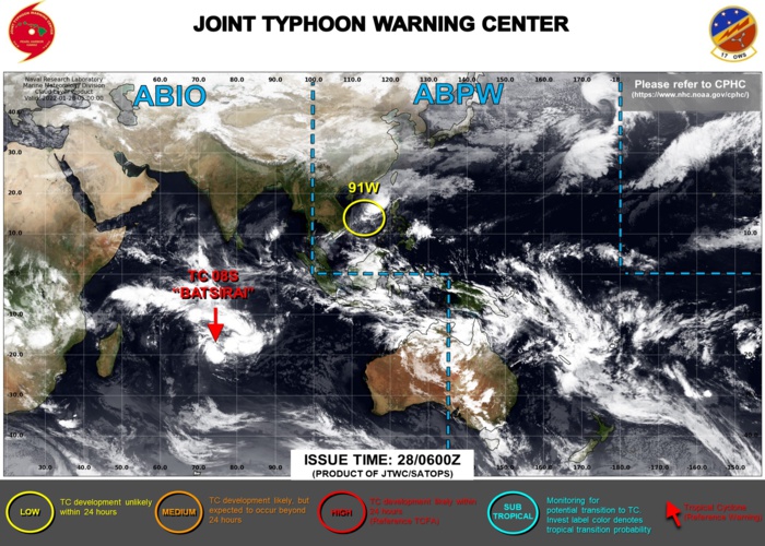 JTWC IS ISSUING 12HOURLY WARNINGS ON TC 08S(BATSRIAI) AND 3HOURLY SATELLITE BULLETINS ON 08S AND INVEST 91W.