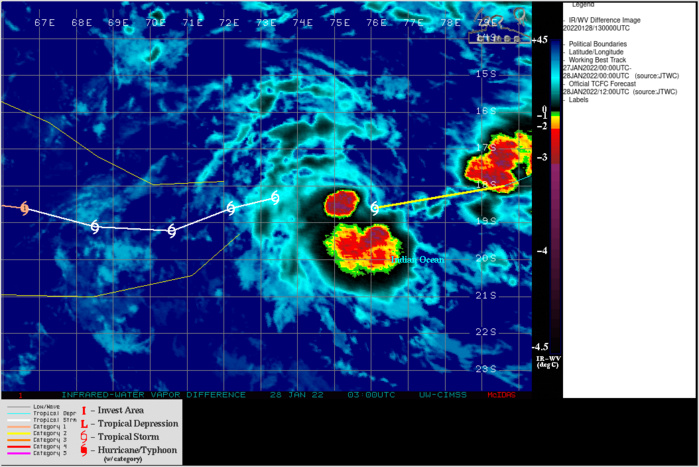 SATELLITE ANALYSIS, INITIAL POSITION AND INTENSITY DISCUSSION: ANIMATED MULTISPECTRAL SATELLITE IMAGERY (MSI) DEPICTS A PARTIALLY EXPOSED LOW LEVEL CIRCULATION CENTER THAT IS POSITIONED UNDER THE NORTHERN EDGE OF THE PRIMARY DEEP CONVECTIVE BAND. A 281213Z SSMIS 91GHZ MICROWAVE IMAGE DEPICTS A COMPACT SYSTEM WITH THE BULK OF THE CONVECTIVE BANDING OVER THE SOUTHERN SEMICIRCLE. THE INITIAL POSITION IS PLACED WITH HIGH CONFIDENCE BASED ON THE MSI AND SSMIS IMAGE. THE INITIAL INTENSITY OF 45 KTS IS ASSESSED WITH HIGH CONFIDENCE BASED ON THE FMEE DVORAK ESTIMATE AND THE CIMSS ADT ESTIMATE. ENVIRONMENTAL CONDITIONS REMAIN GENERALLY FAVORABLE WITH LOW VERTICAL WIND SHEAR AND MODERATE POLEWARD OUTFLOW.