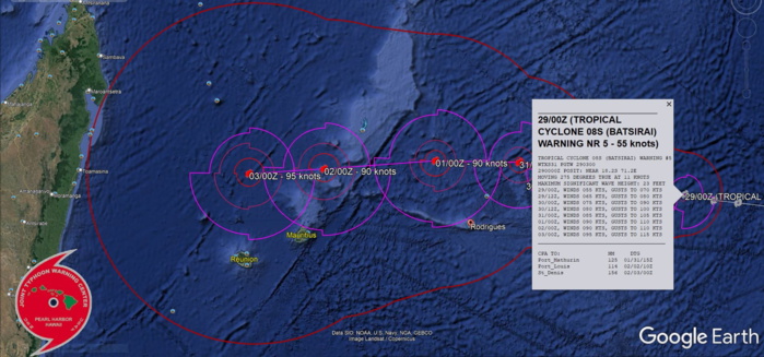 FORECAST REASONING.  SIGNIFICANT FORECAST CHANGES: CURRENT FORECAST SHOWS SYSTEM STARTING TO INTENSIFY WHILE PREVIOUS FORECAST HAD A SHORT WEAKENING TREND BEFORE BEGINNING INTENSIFICATION. PEAK INTENSITY IS NOW 95 KTS VERSUS PREVIOUS 75 KNOTS.  FORECAST DISCUSSION: TC 08S IS FORECAST TO TURN SLIGHTLY WEST-SOUTHWESTWARD AS THE SUBTROPICAL RIDGE TO THE SOUTH WEAKENS DUE TO AN APPROACHING SHORTWAVE TROUGH. ANOTHER SUBTROPICAL RIDGE IS EXPECTED TO BUILD TO THE SOUTHWEST OF THE SYSTEM AROUND 24H, TURNING THE SYSTEM SLIGHTLY WEST-NORTHWESTWARD THROUGH 48H AND CONTINUE A GENERALLY WESTWARD TRACK TOWARDS MADAGASCAR FOR THE REMAINDER OF THE FORECAST. THE SYSTEM WILL REMAIN IN A FAVORABLE ENVIRONMENT WITH WARM SEA SURFACE TEMPERATURES AND LOW TO MODERATE VERTICAL WIND SHEAR THROUGHOUT THE FORECAST PERIOD ALLOWING FOR STEADY INTENSIFICATION TO 85 KNOTS/CAT 2 US BY 48H. AROUND 72H, INCREASING VERTICAL WIND SHEAR WILL SLOW INTENSIFICATION TO 95 KTS/CAT 2 US AT 120H.