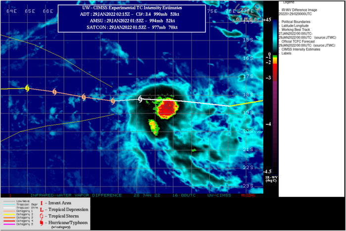 SATELLITE ANALYSIS, INITIAL POSITION AND INTENSITY DISCUSSION: ANIMATED ENHANCED INFRARED (EIR) SATELLITE IMAGERY DEPICTS A COMPACT SYSTEM WITH A CENTRAL DENSE OVERCAST OF CIRRUS OVER THE CENTER. THIS SINGLE AREA OF DENSE CONVECTION CAN ALSO BE SEEN IN A 282324Z SSMIS 91GHZ MICROWAVE IMAGE. THE INITIAL POSITION IS BASED ON PGTW FIX POSITION AND THE PREVIOUSLY MENTIONED SSMIS IMAGE. THE INITIAL INTENSITY OF 55 KTS IS HEDGED SLIGHTLY HIGHER THAN AGENCY DVORAK INTENSITY ESTIMATES DUE TO A 281709Z ASCAT-C WINDSPEED SHOWING 50-55 KT WINDS SOUTH OF THE CIRCULATION CENTER. ENVIRONMENTAL CONDITIONS REMAIN GENERALLY FAVORABLE WITH LOW VERTICAL WIND SHEAR AND MODERATE POLEWARD OUTFLOW. SATELLITE ANALYSIS, INITIAL POSITION AND INTENSITY DISCUSSION: ANIMATED ENHANCED INFRARED (EIR) SATELLITE IMAGERY DEPICTS A COMPACT SYSTEM WITH A CENTRAL DENSE OVERCAST OF CIRRUS OVER THE CENTER. THIS SINGLE AREA OF DENSE CONVECTION CAN ALSO BE SEEN IN A 282324Z SSMIS 91GHZ MICROWAVE IMAGE. THE INITIAL POSITION IS BASED ON PGTW FIX POSITION AND THE PREVIOUSLY MENTIONED SSMIS IMAGE. THE INITIAL INTENSITY OF 55 KTS IS HEDGED SLIGHTLY HIGHER THAN AGENCY DVORAK INTENSITY ESTIMATES DUE TO A 281709Z ASCAT-C WINDSPEED SHOWING 50-55 KT WINDS SOUTH OF THE CIRCULATION CENTER. ENVIRONMENTAL CONDITIONS REMAIN GENERALLY FAVORABLE WITH LOW VERTICAL WIND SHEAR AND MODERATE POLEWARD OUTFLOW.