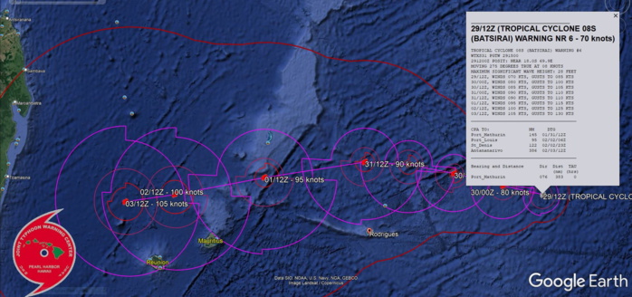 FORECAST REASONING. SIGNIFICANT FORECAST CHANGES: THERE ARE NO SIGNIFICANT CHANGES TO THE FORECAST FROM THE PREVIOUS WARNING. FORECAST DISCUSSION: TC BATSIRAI WILL CONTINUE GENERALLY WESTWARD ON ITS CURRENT TRACK UNDER THE STR INFLUENCE. AFTER 24H, A SECONDARY SUBTROPICAL RIDGE (STR) WILL BUILD FROM THE SOUTHWEST, ASSUME STEERING, AND DRIVE THE CYCLONE WEST-NORTHWESTWARD UP TO 48H; AFTERWARD, THE TRACK WILL RETURN TO A WESTWARD TRAJECTORY AS THE STR RECEDES EASTWARD. THE FAVORABLE ENVIRONMENT WILL FUEL A STEADY INTENSIFICATION, REACHING 105KTS/CAT 3 US BY 120H, AS IT PASSES NORTH OF LA REUNION. FORECAST REASONING. SIGNIFICANT FORECAST CHANGES: THERE ARE NO SIGNIFICANT CHANGES TO THE FORECAST FROM THE PREVIOUS WARNING. FORECAST DISCUSSION: TC BATSIRAI WILL CONTINUE GENERALLY WESTWARD ON ITS CURRENT TRACK UNDER THE STR INFLUENCE. AFTER 24H, A SECONDARY SUBTROPICAL RIDGE (STR) WILL BUILD FROM THE SOUTHWEST, ASSUME STEERING, AND DRIVE THE CYCLONE WEST-NORTHWESTWARD UP TO 48H; AFTERWARD, THE TRACK WILL RETURN TO A WESTWARD TRAJECTORY AS THE STR RECEDES EASTWARD. THE FAVORABLE ENVIRONMENT WILL FUEL A STEADY INTENSIFICATION, REACHING 105KTS/CAT 3 US BY 120H, AS IT PASSES NORTH OF LA REUNION.