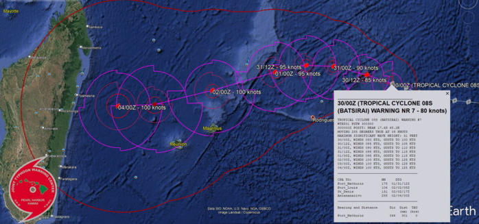 FORECAST REASONING.  SIGNIFICANT FORECAST CHANGES: THERE ARE NO SIGNIFICANT CHANGES TO THE FORECAST FROM THE PREVIOUS WARNING.  FORECAST DISCUSSION: TC 08S WILL CONTINUE WEST-NORTHWESTWARD ON ITS CURRENT TRACK UNDER THE INFLUENCE OF A SUBTROPICAL RIDGE (STR) BUILDING TO THE SOUTHWEST. AFTER 24H, THE TRACK WILL BEGIN A MORE WEST-SOUTHWEST TRAJECTORY AS THE STR RECEDES EASTWARD. AROUND 120H, THE STR IS EXPECTED TO AGAIN PUSH 08S IN A SLIGHTLY WEST-NORTHWESTWARD DIRECTION. THE SYSTEM IS FORECAST TO REMAIN IN A FAVORABLE ENVIRONMENT WITH LOW TO MODERATE VERTICAL WIND SHEAR AND WARM SEA SURFACE TEMPERATURES FOR THE REMAINDER OF THE FORECAST. THIS WILL ALLOW FOR STEADY INTENSIFICATION TO 100 KTS/CAT 3 US BY 72H. AFTERWARDS, THE SYSTEM WILL MAINTAIN AN INTENSITY AROUND 90-100 KTS FOR THE REMAINDER OF THE FORECAST.