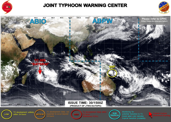JTWC IS ISSUING 12HOURLY WARNINGS ON TC 08S(BATSIRAI) AND 3HOURLY SATELLITE BULLETINS ON 08S AND INVEST 98P. JTWC IS ISSUING 12HOURLY WARNINGS ON TC 08S(BATSIRAI) AND 3HOURLY SATELLITE BULLETINS ON 08S AND INVEST 98P.