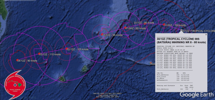 3. FORECAST REASONING.  SIGNIFICANT FORECAST CHANGES: THERE ARE NO SIGNIFICANT CHANGES TO THE FORECAST FROM THE PREVIOUS WARNING.  FORECAST DISCUSSION: TC BATSIRAI WILL CONTINUE ON ITS CURRENT TRACK UNDER THE INFLUENCE OF THE SUBTROPICAL RIDGE (STR) TO THE SOUTHWEST. AFTER 24H, THE STR IS EXPECTED TO BE WEAKENED BY A TRANSITORY MID-LATITUDE TROUGH RESULTING IN A WEST-SOUTHWESTWARD TRACK FOR THE REMAINDER OF THE FORECAST. THE FAVORABLE ENVIRONMENT WILL FUEL FURTHER INTENSIFICATION TO 100KTS/CAT 3 US BY 12H. AFTERWARD, THE ENTRY OF COOLER DRY AIR AT THE LOW LEVELS WILL SLIGHTLY TEMPER AND SUSTAIN THE INTENSITY AT 95KTS/CAT 2 US UP TO 48H. AFTER 48H, INCREASING POLEWARD OUTFLOW WILL ASSIST IN RE-INTENSIFICATION TO A PEAK OF 110KTS/CAT 3 US BY  96H BEFORE WEAKENING TO 90KTS/CAT 2 US AS VWS INCREASES AND LAND INTERACTION, WITH THE APPROACH INTO MADAGASCAR, BEGINS.