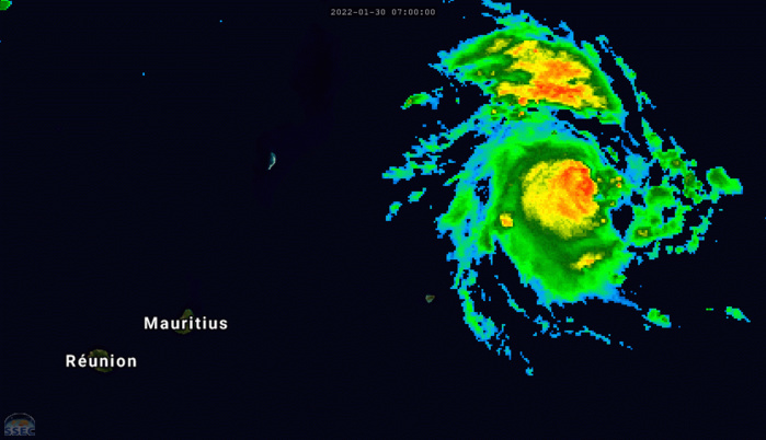 SATELLITE ANALYSIS, INITIAL POSITION AND INTENSITY DISCUSSION: ANIMATED MULTISPECTRAL SATELLITE IMAGERY (MSI) SHOWS THE SYSTEM HAS MAINTAINED A COMPACT AND FAIRLY SYMMETRICAL STRUCTURE WITH  DEEPENED CENTRAL CONVECTION AND THE FORMATION OF A 9-KM PINHOLE EYE.  THE INITIAL POSITION IS PLACED WITH HIGH CONFIDENCE BASED ON THE PINHOLE EYE THAT LINED UP WELL WITH A MICROWAVE EYE FEATURE IN THE 300931Z AMSR2 36GHZ IMAGE, THE HALFWAY POINT FROM THE LAST BEST TRACK POSITION. THE INITIAL INTENSITY OF 95KTS/CAT 2 US IS PLACED WITH MEDIUM CONFIDENCE BASED ON THE HIGHER END OF AGENCY AND AUTOMATED DVORAK ESTIMATES AND REFLECTS THE 6-HR CONVECTIVE IMPROVEMENT. ANALYSIS INDICATES A HIGHLY FAVORABLE ENVIRONMENT WITH LOW VWS, STRONG RADIAL OUTFLOW, AND WARM ALONG-TRACK SST IN THE SOUTH INDIAN OCEAN.