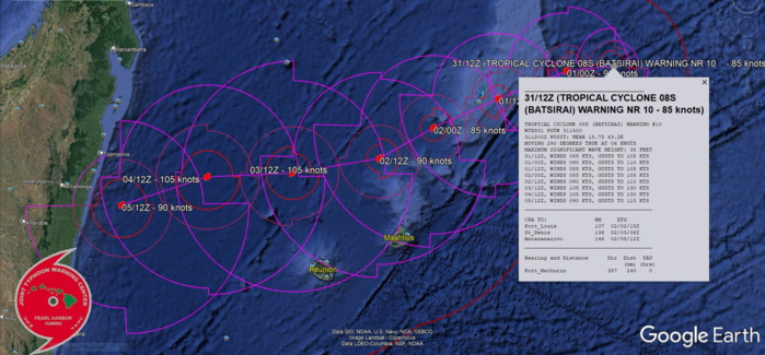 FORECAST REASONING.  SIGNIFICANT FORECAST CHANGES: THERE ARE NO SIGNIFICANT CHANGES TO THE FORECAST FROM THE PREVIOUS WARNING.  FORECAST DISCUSSION: TC BATSIRAI WILL COMMENCE ON A SOUTHWESTWARD TRACK  AS THE SUBTROPICAL RIDGE (STR) IS WEAKENED BY A TRANSITORY MID-LATITUDE TROUGH. AFTER THE TROUGH RECEDES AFTER 48H, THE STR WILL SLIGHTLY REBUILD AND DRIVE THE CYCLONE ON A MORE WESTWARD THEN WEST-SOUTHWESTWARD TRAJECTORY TOWARD CENTRAL MADAGSCAR. THE MARGINALLY FAVORABLE ENVIRONMENT WILL FUEL A SLOW INTENSIFICATION TO A PEAK OF 105KTS/CAT 3 US BY 96H. AFTERWARD, VWS INCREASE AND LAND INTERACTION WITH THE APPROACH INTO MADAGASCAR WILL WEAKEN THE SYSTEM DOWN TO 90KTS/CAT 2 BY 120H PRIOR TO LANDFALL. FORECAST REASONING.  SIGNIFICANT FORECAST CHANGES: THERE ARE NO SIGNIFICANT CHANGES TO THE FORECAST FROM THE PREVIOUS WARNING.  FORECAST DISCUSSION: TC BATSIRAI WILL COMMENCE ON A SOUTHWESTWARD TRACK  AS THE SUBTROPICAL RIDGE (STR) IS WEAKENED BY A TRANSITORY MID-LATITUDE TROUGH. AFTER THE TROUGH RECEDES AFTER 48H, THE STR WILL SLIGHTLY REBUILD AND DRIVE THE CYCLONE ON A MORE WESTWARD THEN WEST-SOUTHWESTWARD TRAJECTORY TOWARD CENTRAL MADAGSCAR. THE MARGINALLY FAVORABLE ENVIRONMENT WILL FUEL A SLOW INTENSIFICATION TO A PEAK OF 105KTS/CAT 3 US BY 96H. AFTERWARD, VWS INCREASE AND LAND INTERACTION WITH THE APPROACH INTO MADAGASCAR WILL WEAKEN THE SYSTEM DOWN TO 90KTS/CAT 2 BY 120H PRIOR TO LANDFALL.