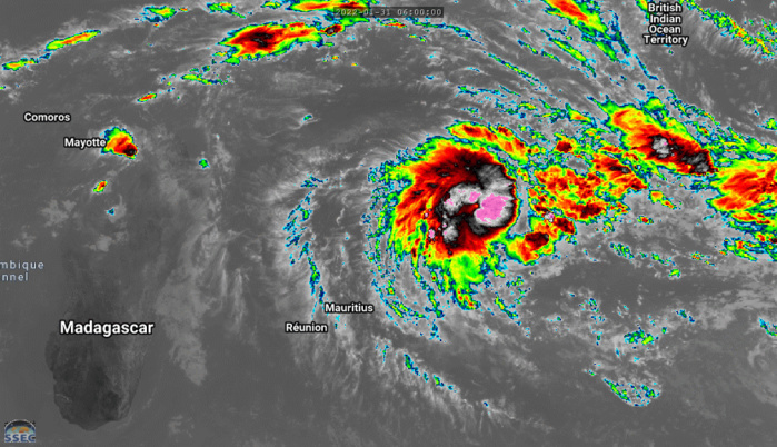SATELLITE ANALYSIS, INITIAL POSITION AND INTENSITY DISCUSSION: ANIMATED ENHANCED MULTISPECTRAL SATELLITE IMAGERY (MSI) SHOWS THE  SYSTEM HAS EXPANDED AND BECOME LESS SYMMETRICAL AS FEEDER BANDS HAVE  BEGUN TO UNRAVEL. A RAGGED 19-KM PINHOLE EYE HAS ALSO BECOME CLOUD- FILLED. THE INITIAL POSITION IS PLACED WITH MEDIUM CONFIDENCE BASED  ON A DIMPLE FEATURE (CLOUD-FILLED EYE). THE INITIAL INTENSITY OF  85KTS/CAT 2 US IS PLACED WITH MEDIUM CONFIDENCE BASED ON OVERALL ASSESSMENT  OF AGENCY AND AUTOMATED DVORAK ESTIMATES (SEE BELOW) AND REFLECTS  THE 6-HR CONVECTIVE DECLINE. ANALYSIS INDICATES A MARGINALLY  FAVORABLE ENVIRONMENT WITH STRONG WESTWARD AND POLEWARD OUTFLOW AND  WARM ALONG-TRACK SST IN THE SOUTH INDIAN OCEAN OFFSET BY MODERATE TO STRONG (20-25KT) VWS. THE CYCLONE IS TRACKING ALONG THE NORTHEASTERN  PERIPHERY OF THE SUBTROPICAL RIDGE (STR) TO THE SOUTHWEST. SATELLITE ANALYSIS, INITIAL POSITION AND INTENSITY DISCUSSION: ANIMATED ENHANCED MULTISPECTRAL SATELLITE IMAGERY (MSI) SHOWS THE  SYSTEM HAS EXPANDED AND BECOME LESS SYMMETRICAL AS FEEDER BANDS HAVE  BEGUN TO UNRAVEL. A RAGGED 19-KM PINHOLE EYE HAS ALSO BECOME CLOUD- FILLED. THE INITIAL POSITION IS PLACED WITH MEDIUM CONFIDENCE BASED  ON A DIMPLE FEATURE (CLOUD-FILLED EYE). THE INITIAL INTENSITY OF  85KTS/CAT 2 US IS PLACED WITH MEDIUM CONFIDENCE BASED ON OVERALL ASSESSMENT  OF AGENCY AND AUTOMATED DVORAK ESTIMATES (SEE BELOW) AND REFLECTS  THE 6-HR CONVECTIVE DECLINE. ANALYSIS INDICATES A MARGINALLY  FAVORABLE ENVIRONMENT WITH STRONG WESTWARD AND POLEWARD OUTFLOW AND  WARM ALONG-TRACK SST IN THE SOUTH INDIAN OCEAN OFFSET BY MODERATE TO STRONG (20-25KT) VWS. THE CYCLONE IS TRACKING ALONG THE NORTHEASTERN  PERIPHERY OF THE SUBTROPICAL RIDGE (STR) TO THE SOUTHWEST.