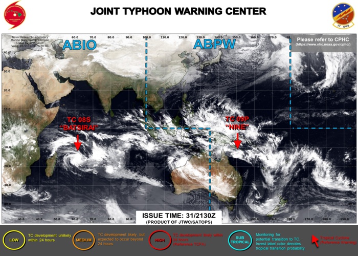 JTWC IS ISSUING 12HOURLY WARNINGS ON TC 08S(BATSIRAI) AND 6HOURLY WARNINGS ON TC 09P. 3HOURLY SATELLITE BULLETINS ARE ISSUED FOR BOTH SYSTEMS. JTWC IS ISSUING 12HOURLY WARNINGS ON TC 08S(BATSIRAI) AND 6HOURLY WARNINGS ON TC 09P. 3HOURLY SATELLITE BULLETINS ARE ISSUED FOR BOTH SYSTEMS.